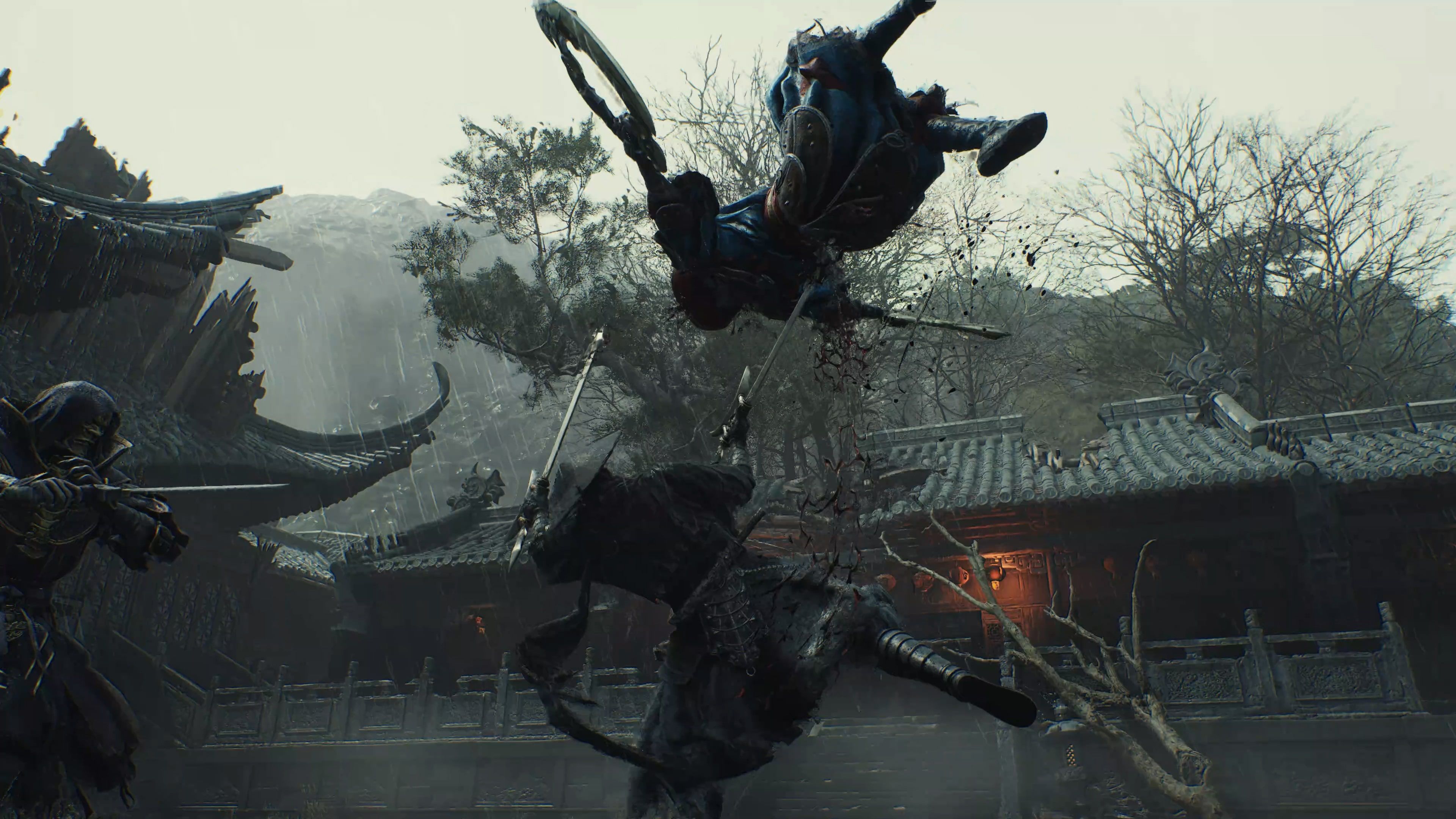 Official Phantom Blade Zero screenshot showing a fast sword clash in a rain-soaked courtyard with a fighter thrown into the air.