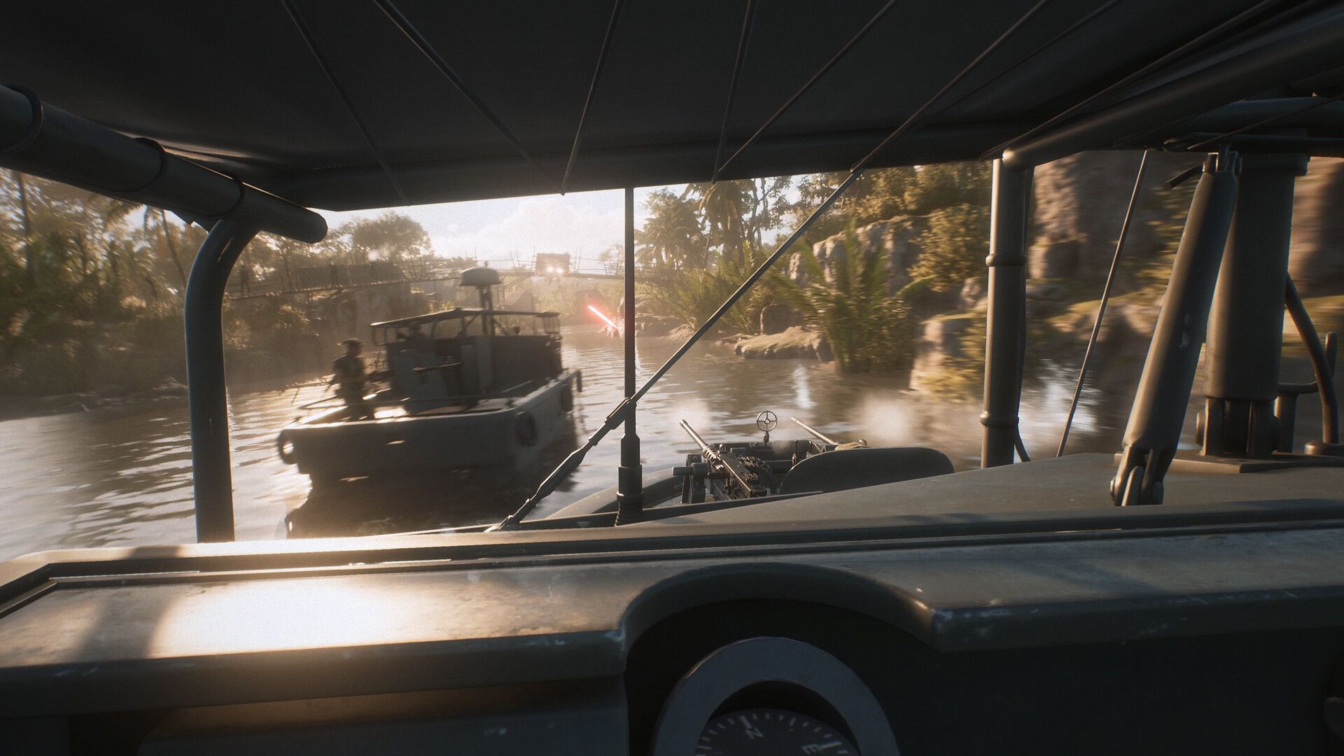 Official Hell Let Loose: Vietnam screenshot showing a patrol boat firefight from the cockpit on a river.