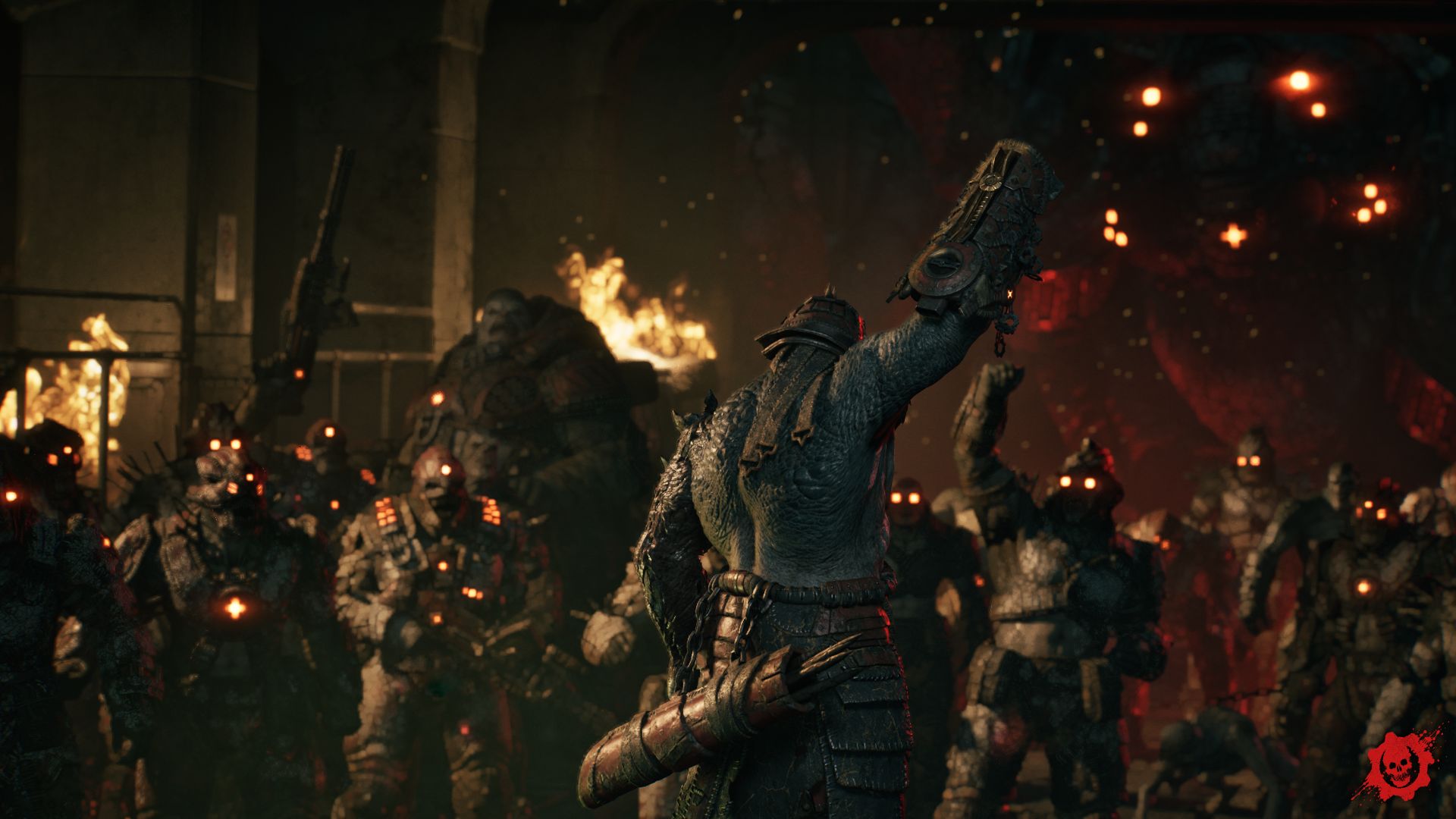 Official Xbox Wire campaign image showing a large Locust creature in Gears of War: E-Day.
