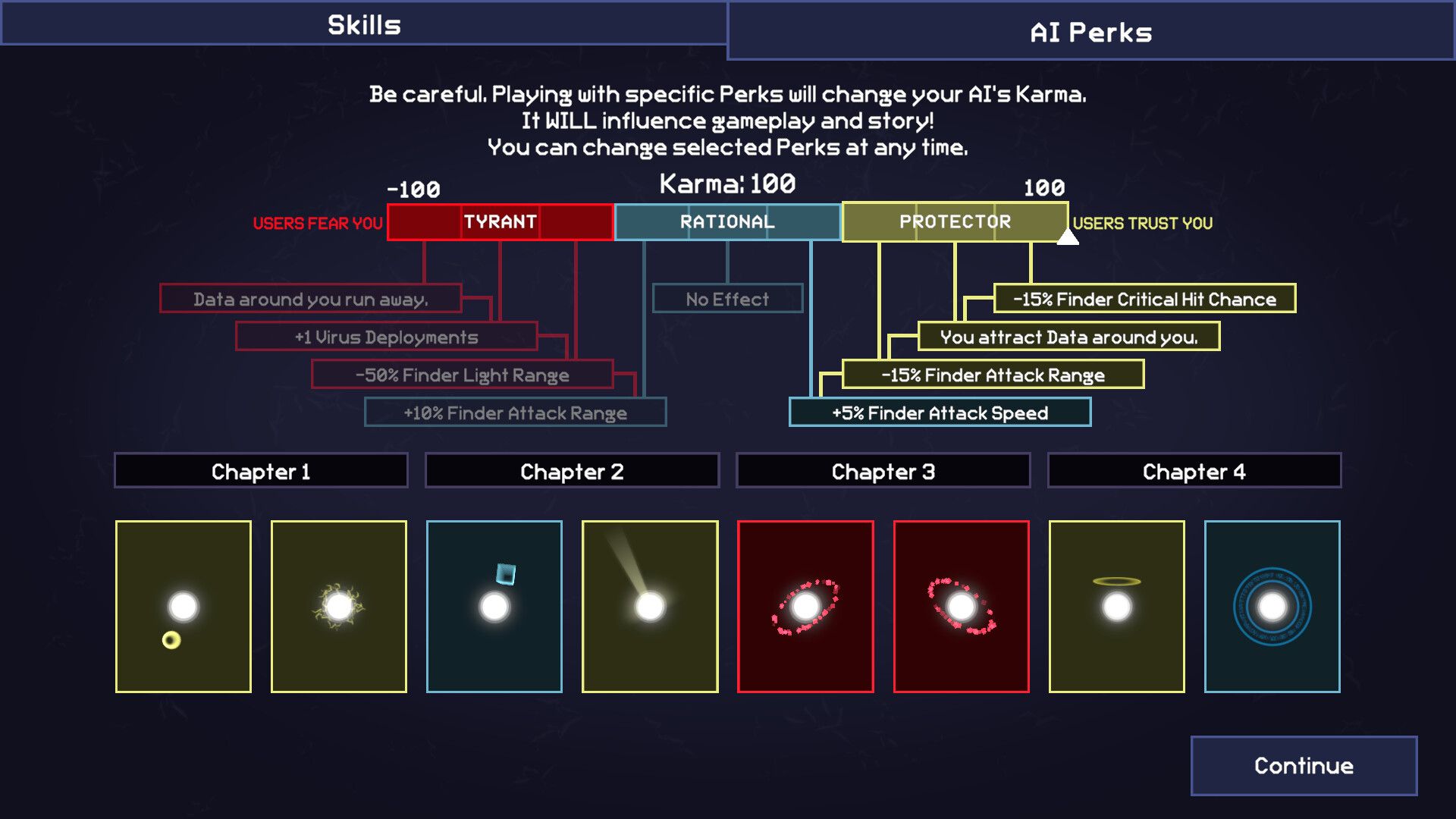 Official FEED THE AI screenshot showing the AI Perks menu with Tyrant, Rational, and Protector paths plus chapter unlocks.