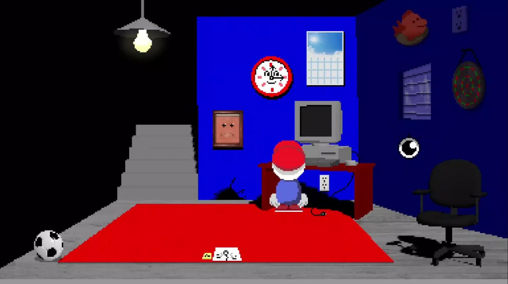 Official Endacopia screenshot showing a surreal interior scene with the game's offbeat retro-horror presentation.