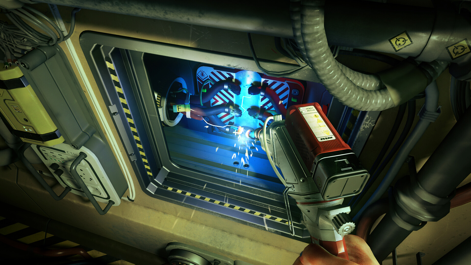 Official ONTOS screenshot showing a first-person view across a moon-base interior with machinery and dim industrial lighting.