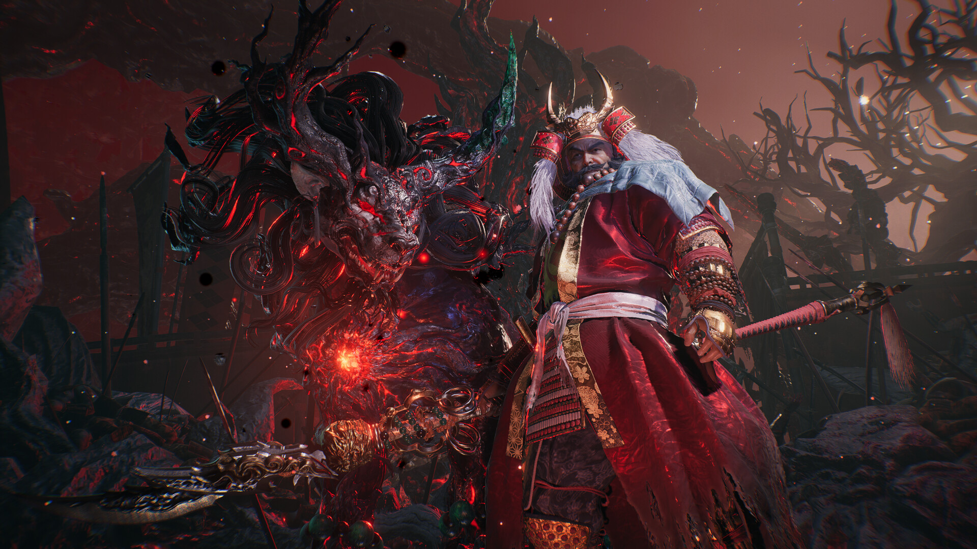 Official Nioh 3 Steam screenshot showing a player character facing a huge enemy in a ruined environment.