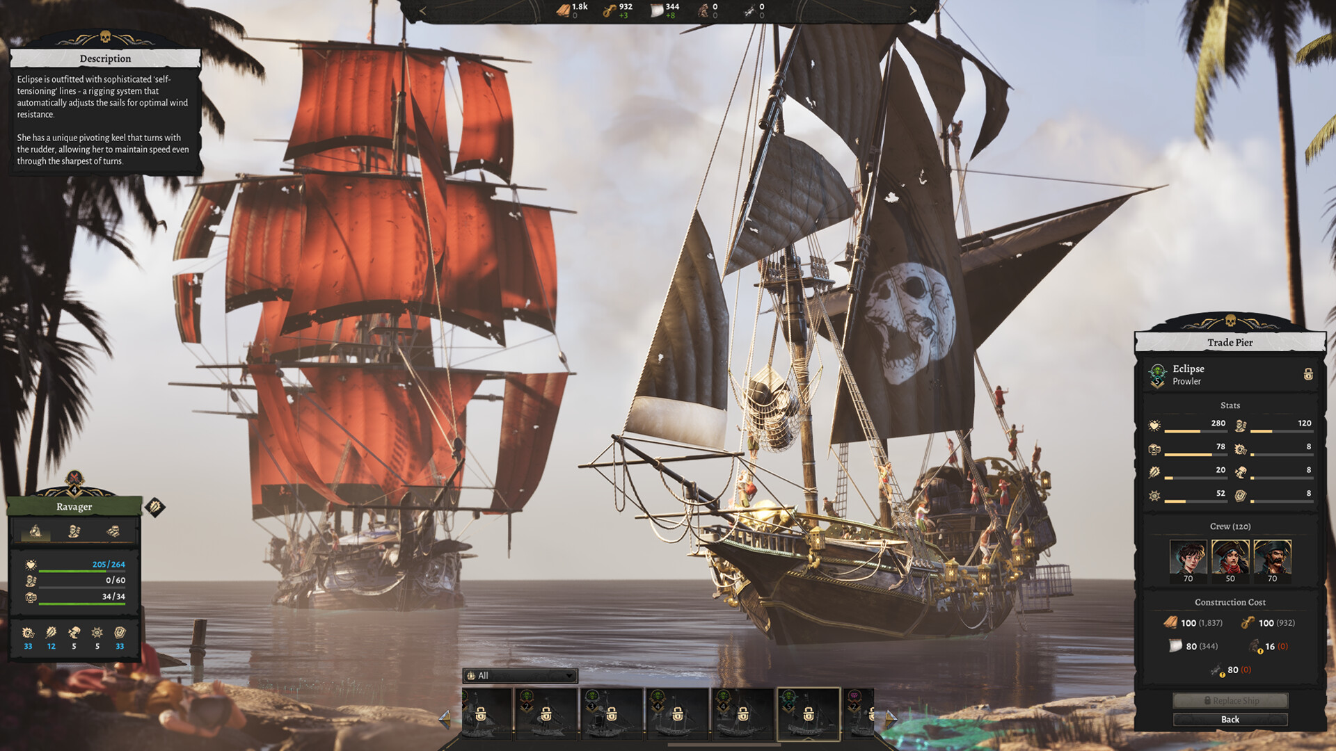 Official Corsair Cove screenshot showing ships and harbor activity around the island settlement.