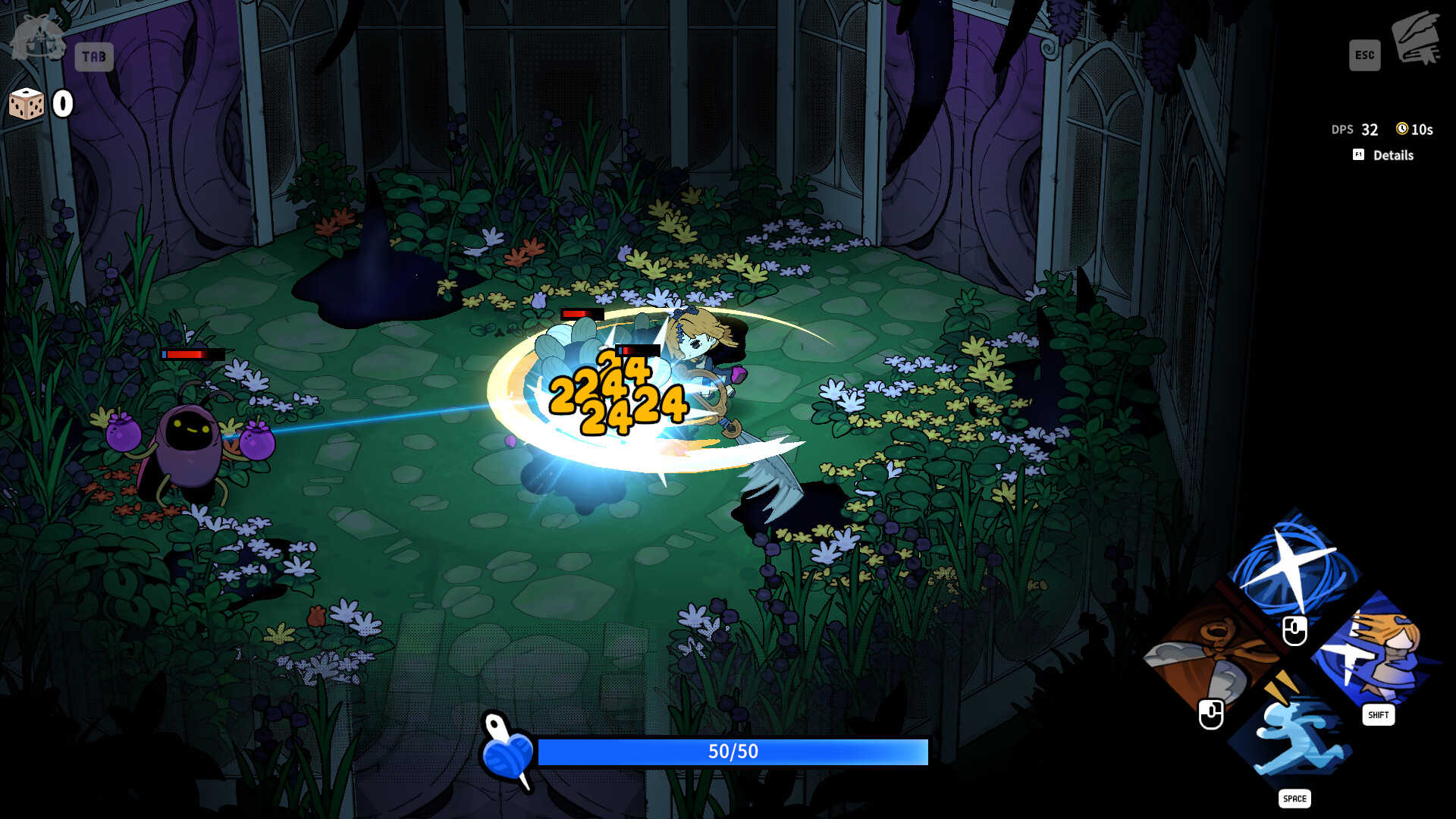 Official Garden of Witches screenshot showing Sil in a bright hand-drawn environment with enemies on screen.