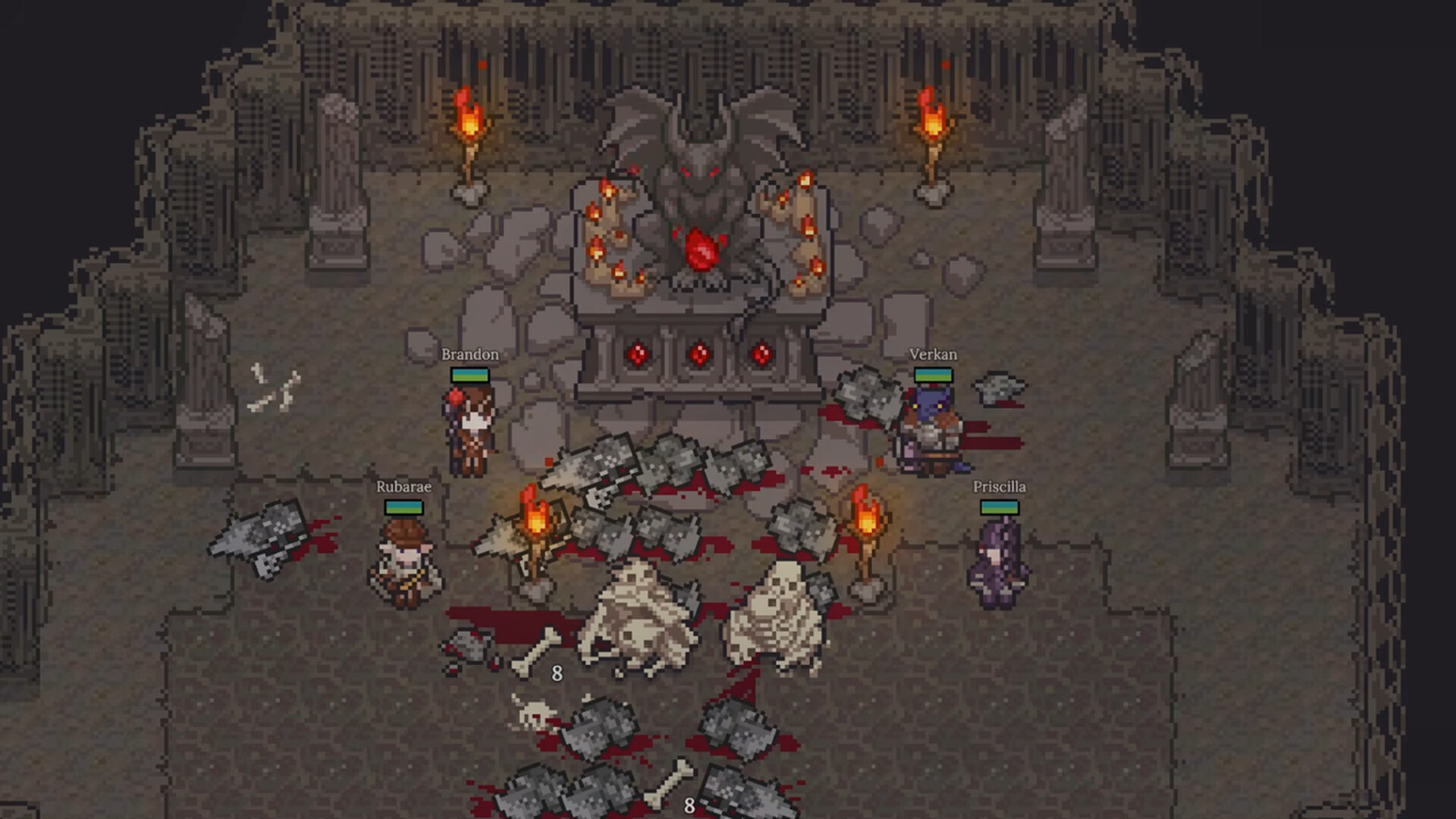 Official Dungeon Settlers screenshot showing party members fighting enemies in a room filled with blue magical effects.
