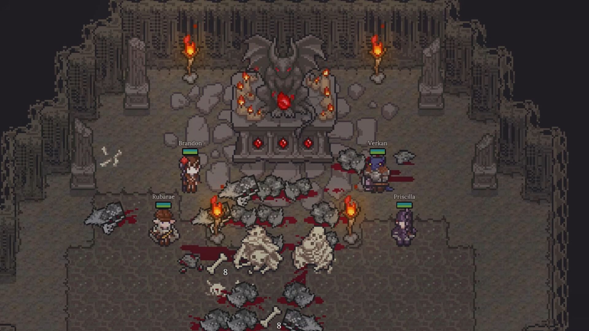 Official Dungeon Settlers screenshot showing party members fighting enemies in a room filled with blue magical effects.