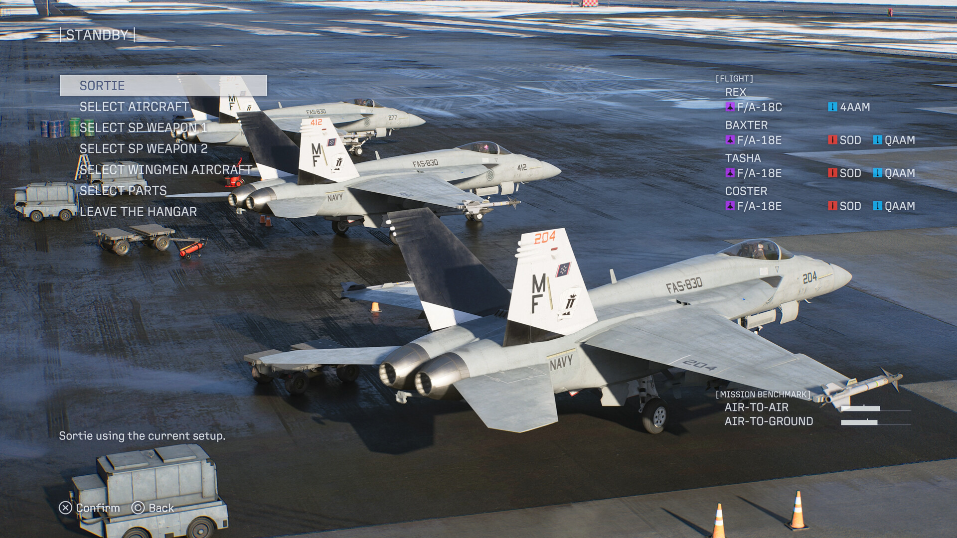 Three fighter aircraft parked on a carrier deck, beside a squad-selection interface.