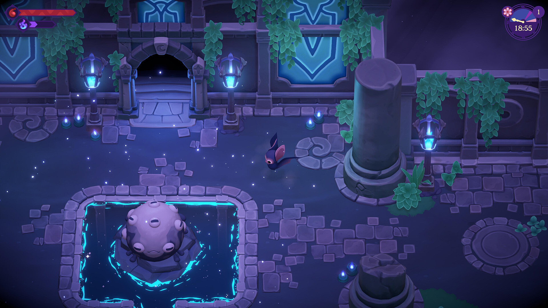 Official Moonlight Peaks Steam screenshot showing a bat-like creature flying through blue-lit ruins beside a fountain and glowing lanterns.