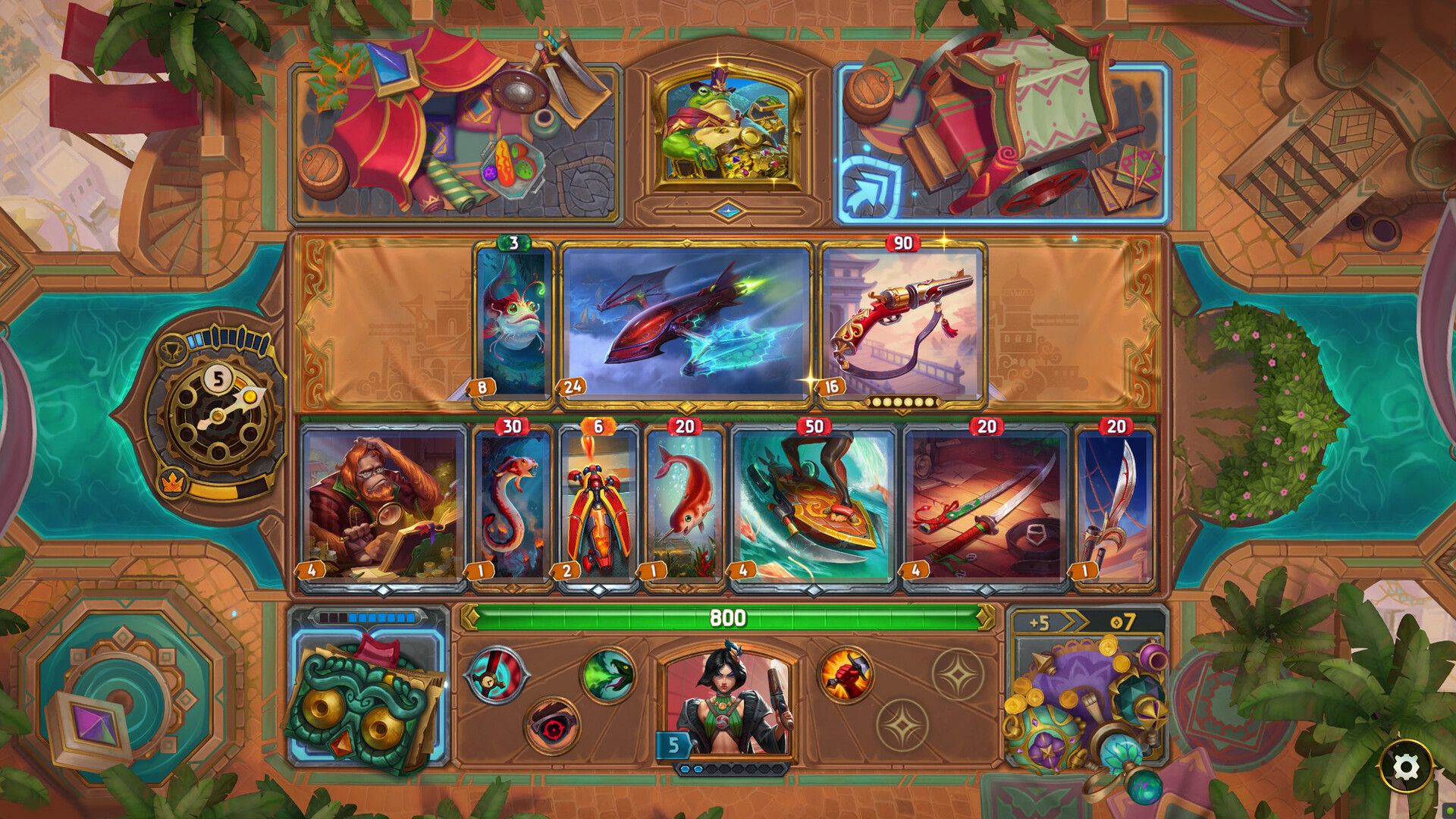 Official The Bazaar screenshot showing another combat setup with multiple items and hero effects active.