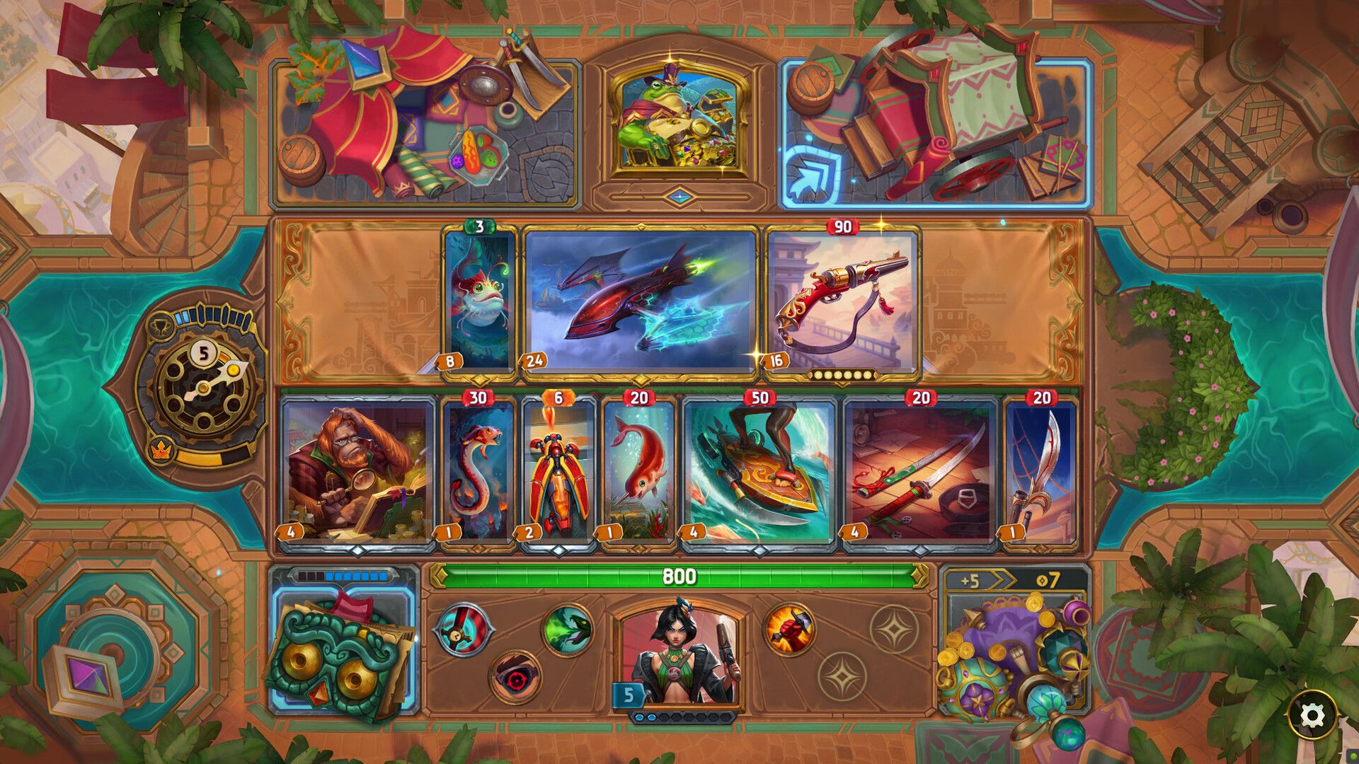 Official The Bazaar screenshot showing another combat setup with multiple items and hero effects active.