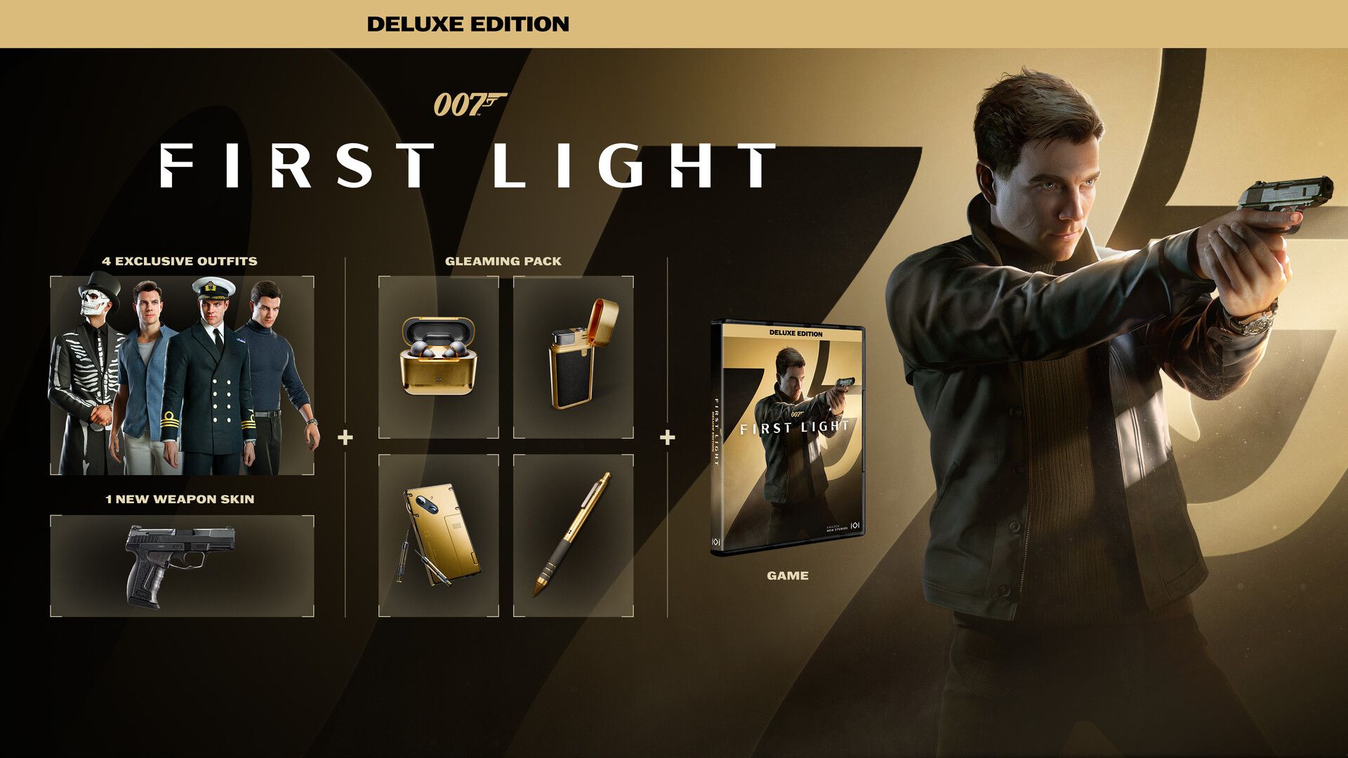 Official 007 First Light screenshot showing Bond moving through a bright interior stealth space.