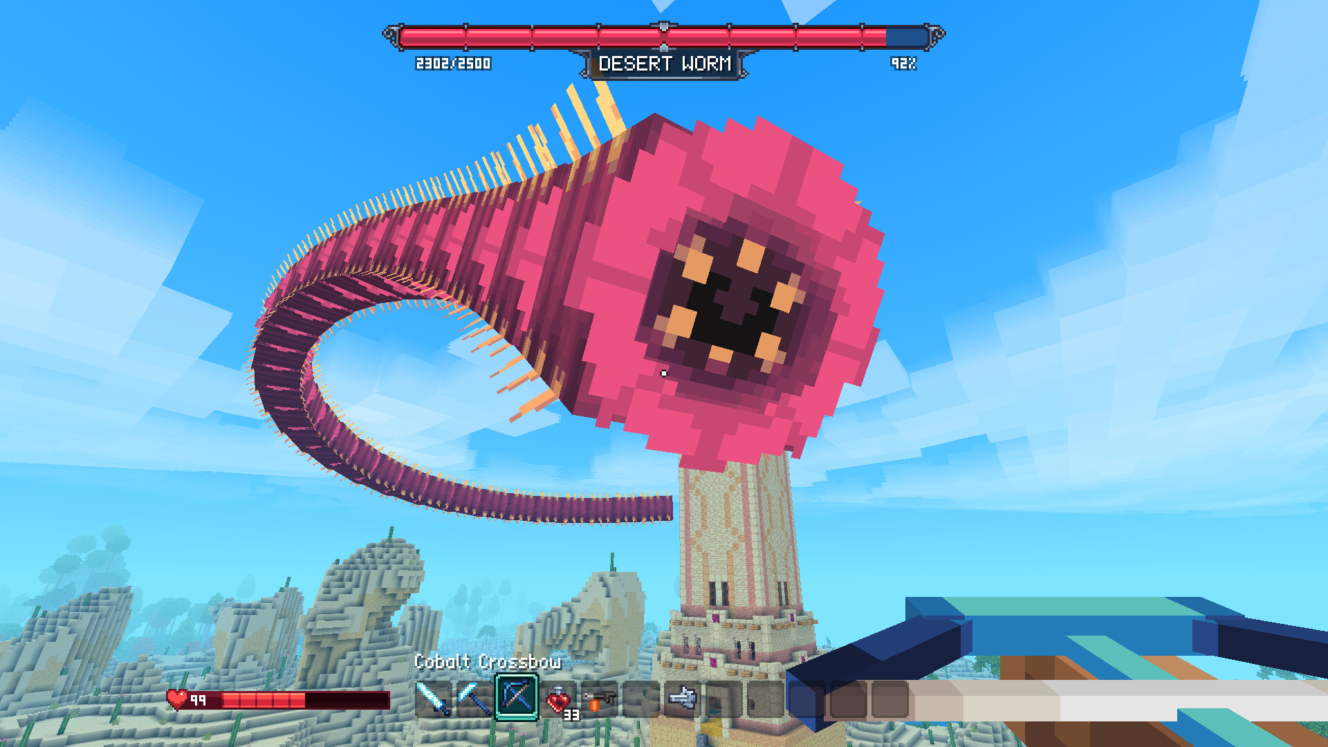 Official Allumeria screenshot showing combat and exploration in its voxel sandbox world.