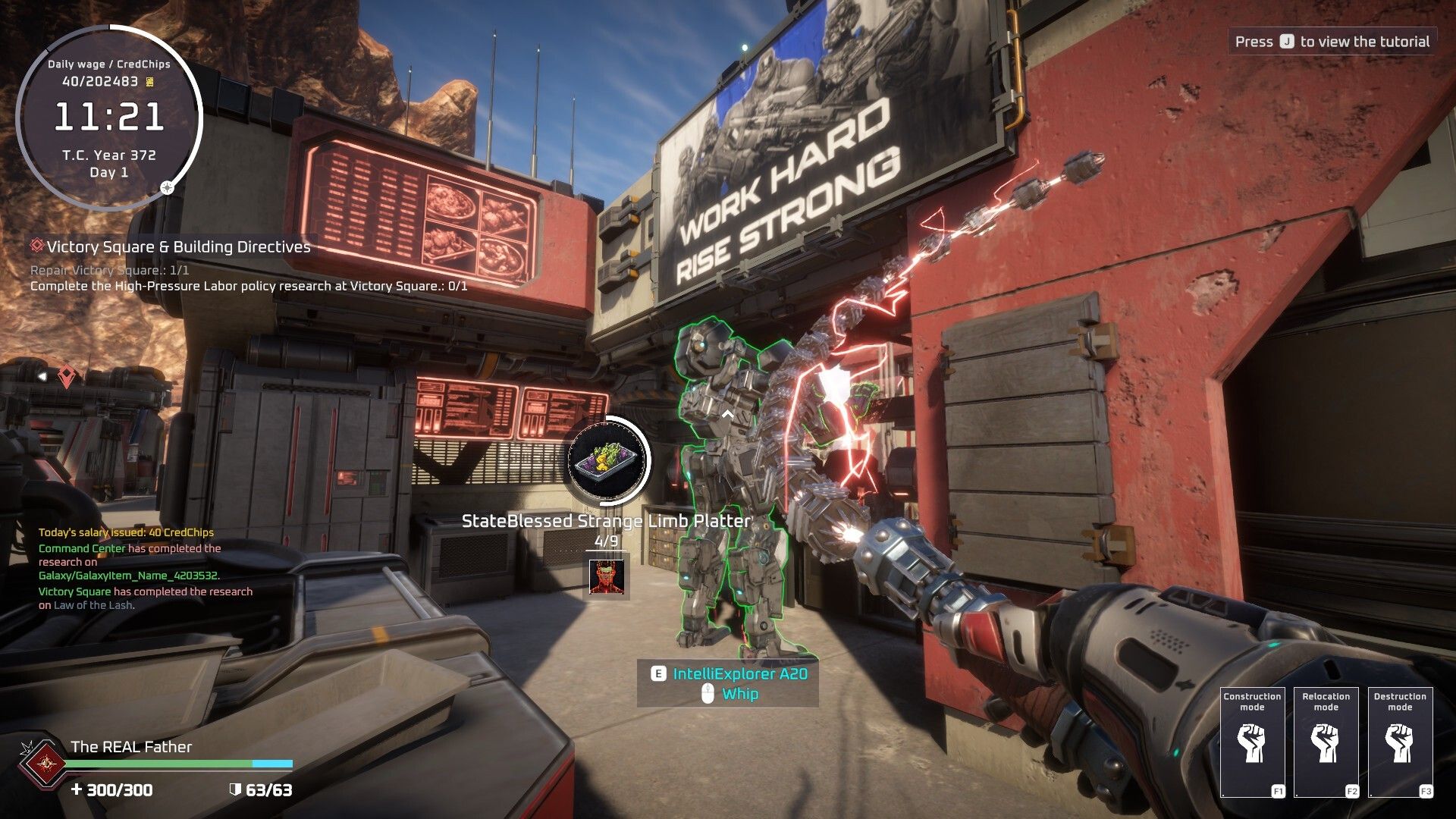 Official Pax Autocratica first-person screenshot showing the player using an electrified whip-like tool inside a red industrial base beneath the slogan 'WORK HARD RISE STRONG'.