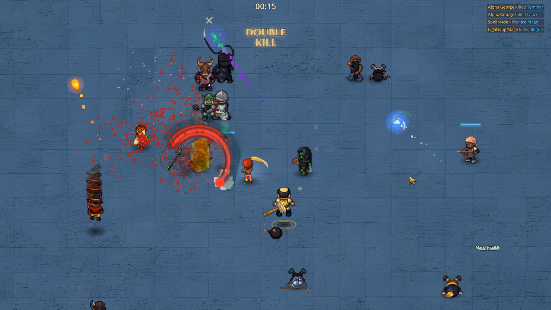 Official Eslabong screenshot showing several fighters clashing in an arena while status effects and ability visuals fill the screen.