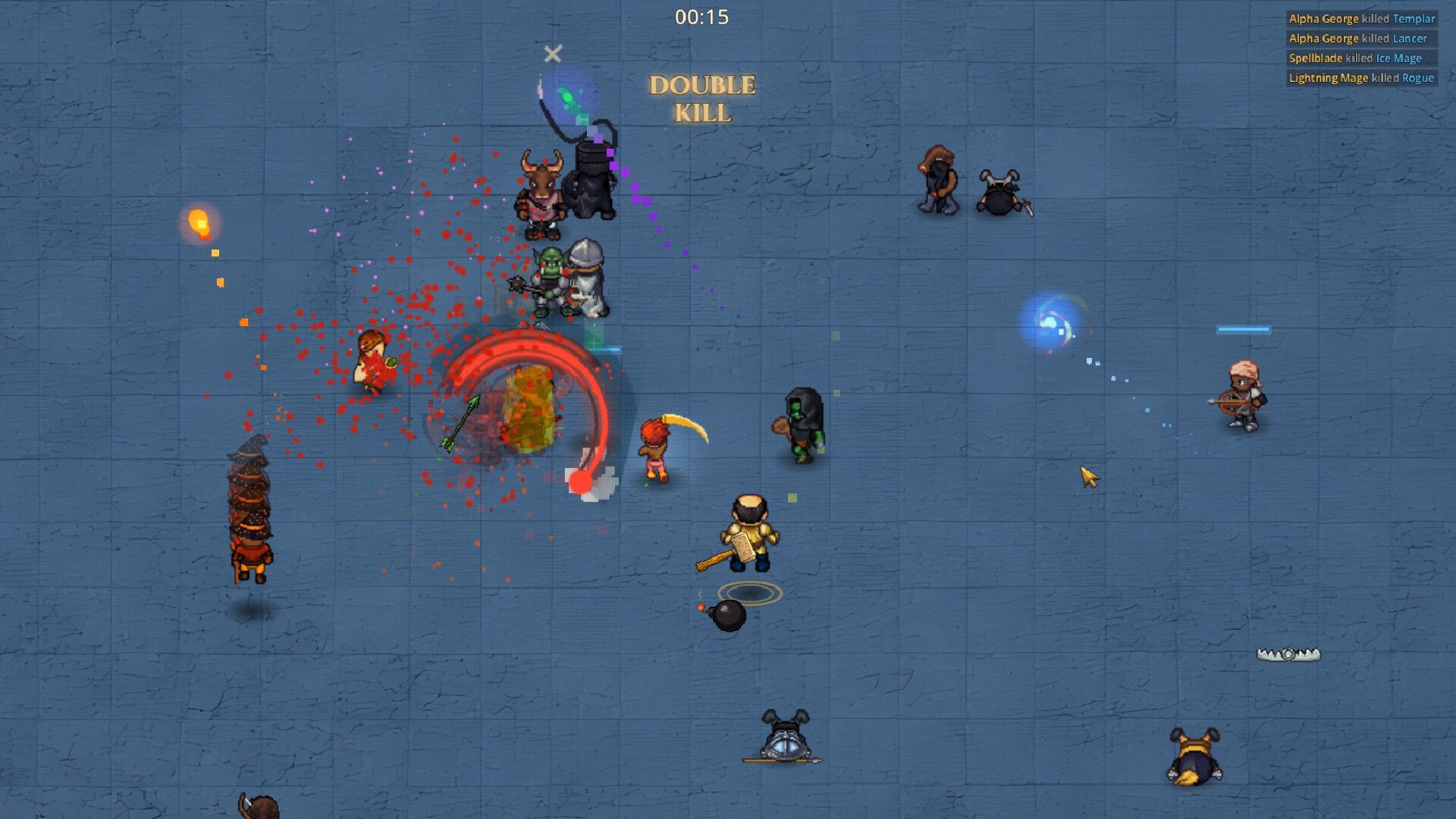 Official Eslabong screenshot showing several fighters clashing in an arena while status effects and ability visuals fill the screen.