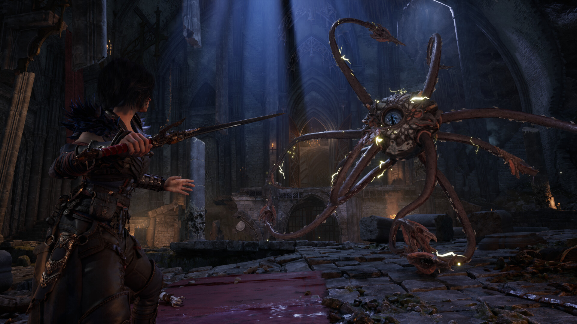 Official Warlock: Dungeons & Dragons screenshot showing Kaatri using magic near enemies and environmental hazards.