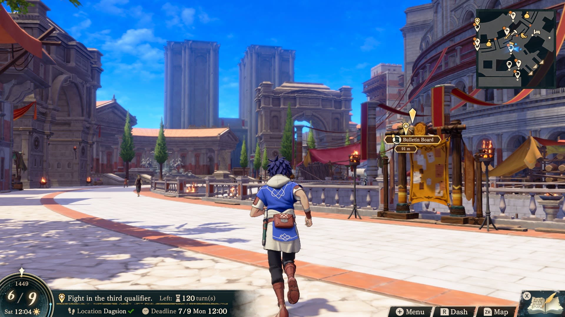 Official Fire Emblem: Fortune's Weave screenshot showing characters in the capital city of Dagsion.