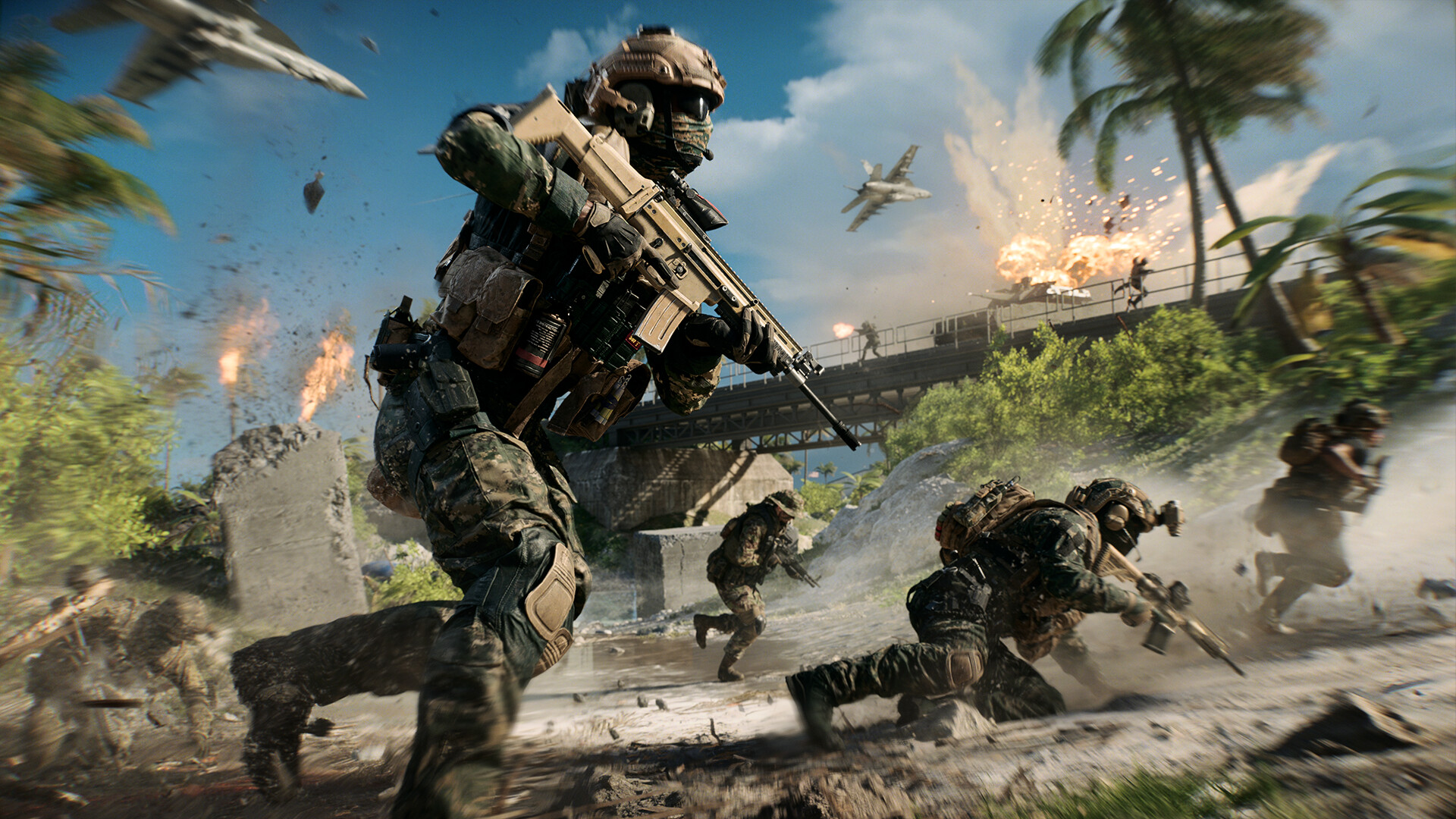 Official Battlefield 6 Steam screenshot showing fast aircraft action over water and smoke.