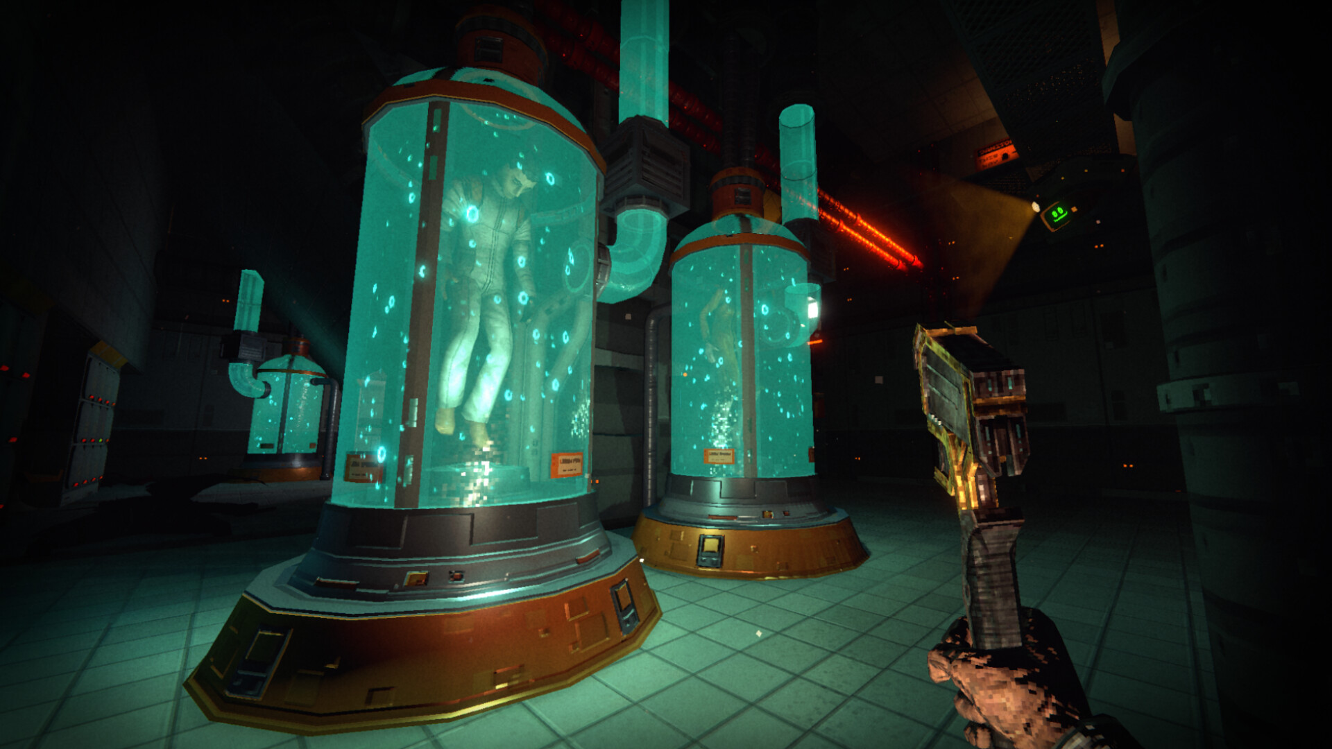 Humanoid figures stand inside cyan-lit cylinders in a dark room.