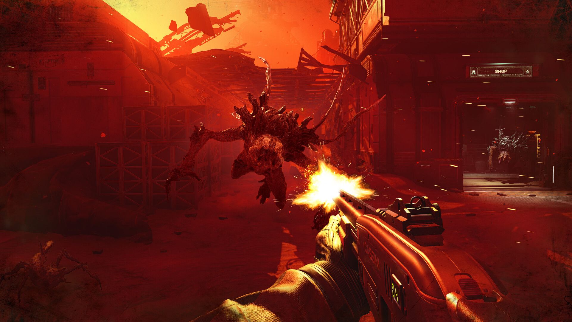 Official Alien Deathstorm screenshot showing combat against alien creatures inside the colony.