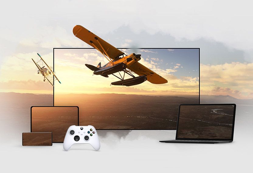 Official Xbox Game Pass cloud gaming image showing a player using the service away from a console.