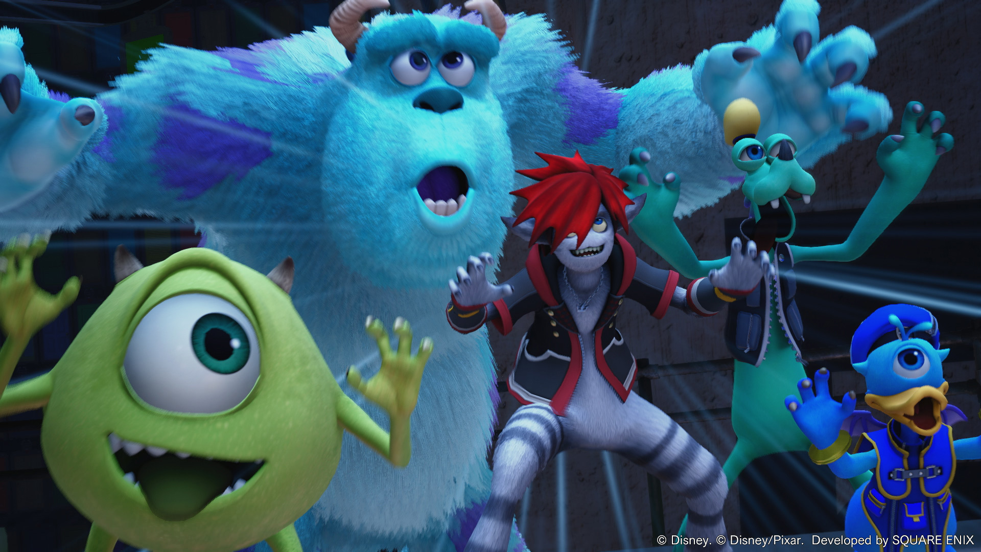 Sora, Donald and Goofy appear in monster forms alongside Mike and Sulley in an official promotional scene.