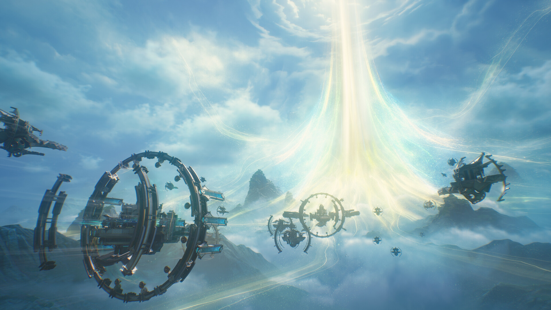 Official Wuthering Waves screenshot showing a character moving through the new update environment with bright skies and fantasy architecture.