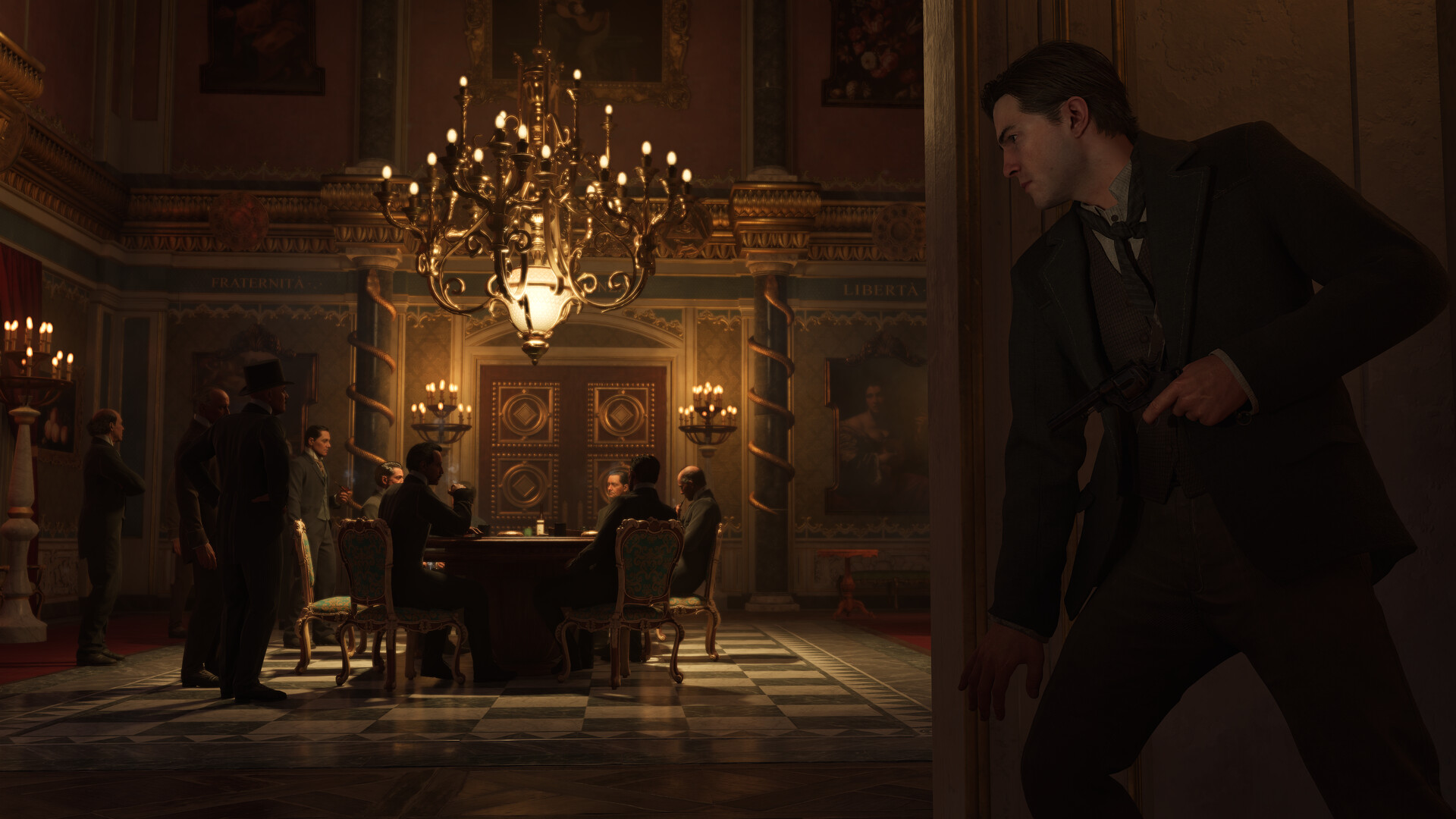 Official Mafia: The Old Country - Man of Honor screenshot showing a car chase with gunfire in a sunlit street.