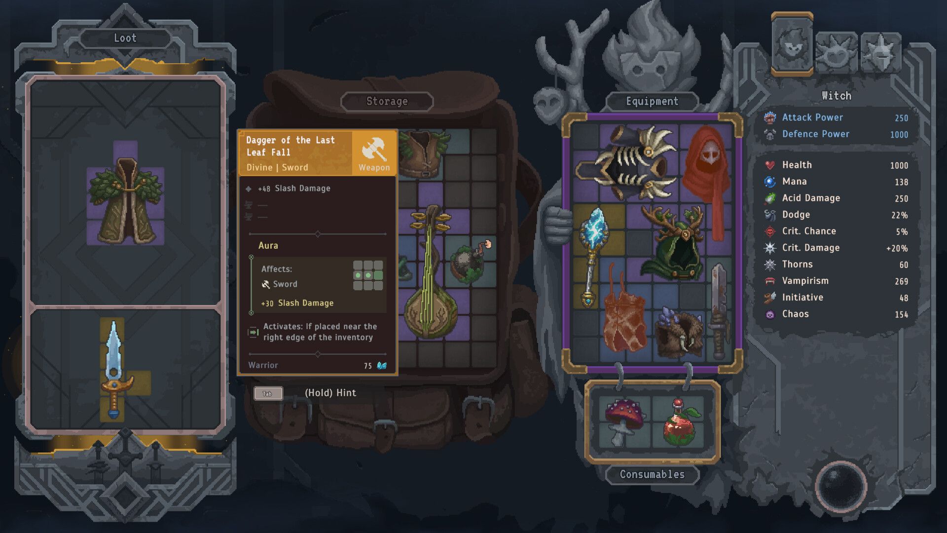 Official Lootbound screenshot showing the inventory grid, item aura layout, and character equipment screen.