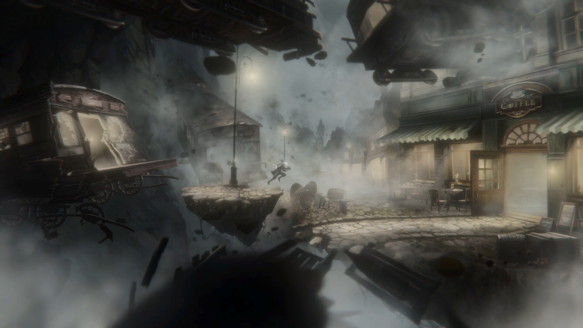 Official Vapor World screenshot showing a white-haired character facing a large enemy in a pale, industrial interior.