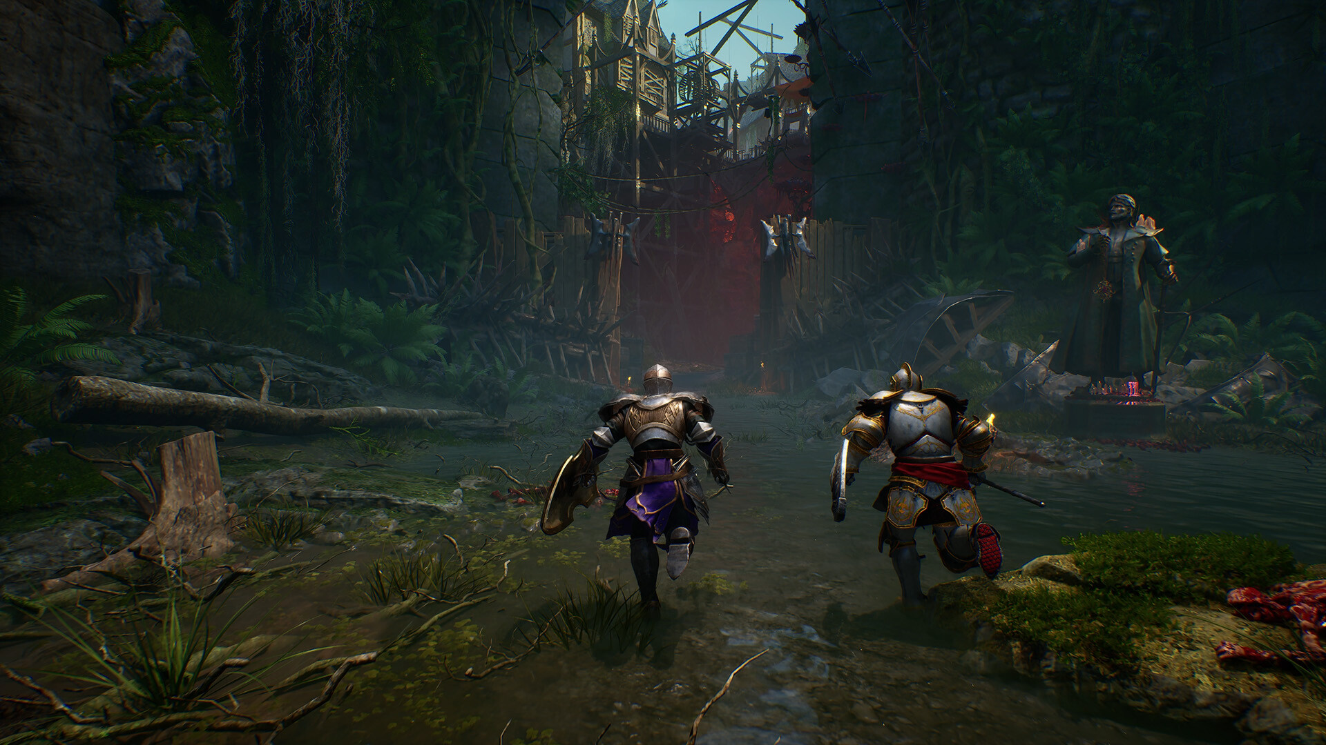 Official Steam screenshot from Crimson Moon showing combat against a larger enemy inside a dark cathedral-like arena.
