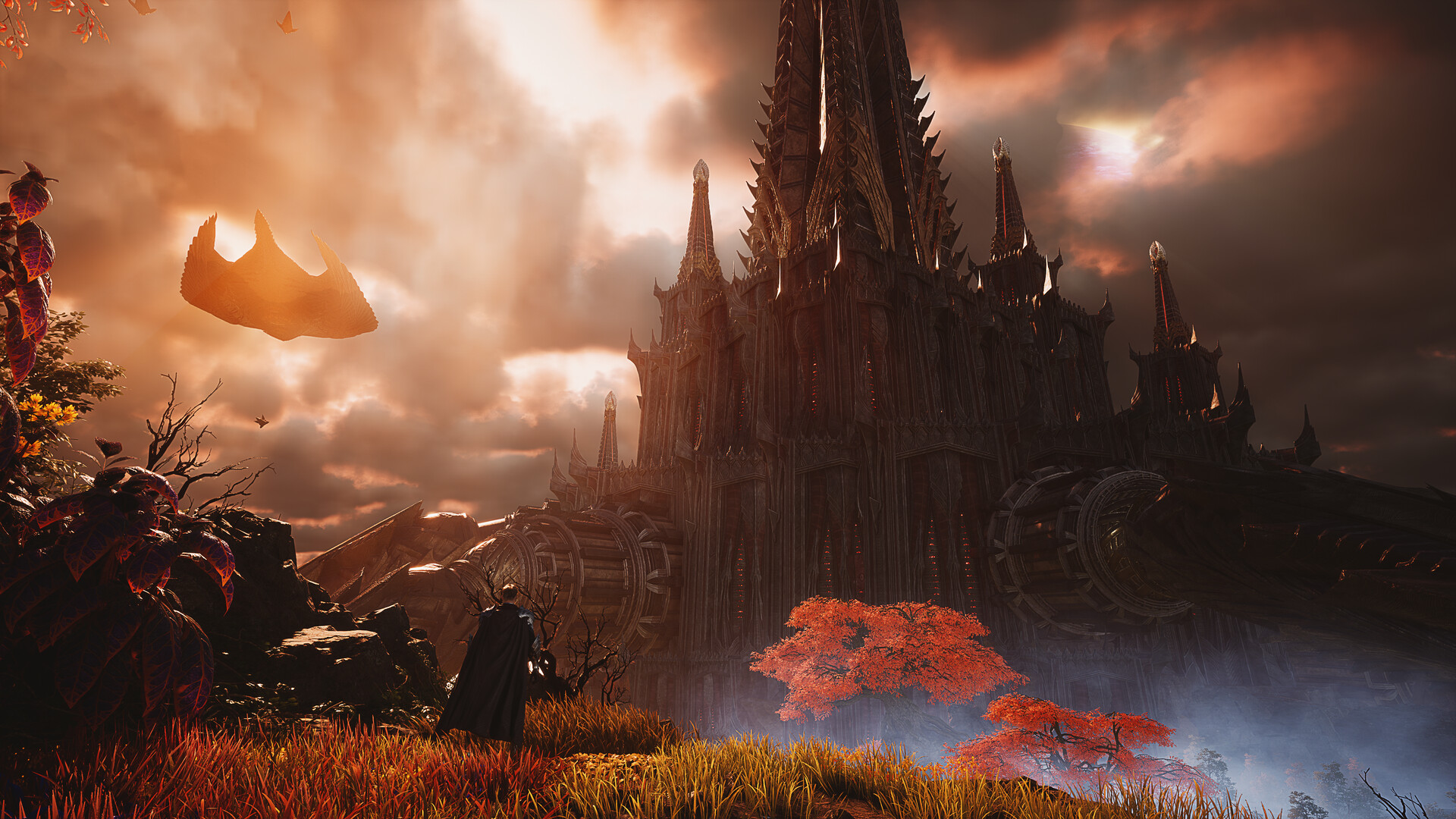 A cloaked character stands before a spired fortress and orange trees beneath a warm sky.