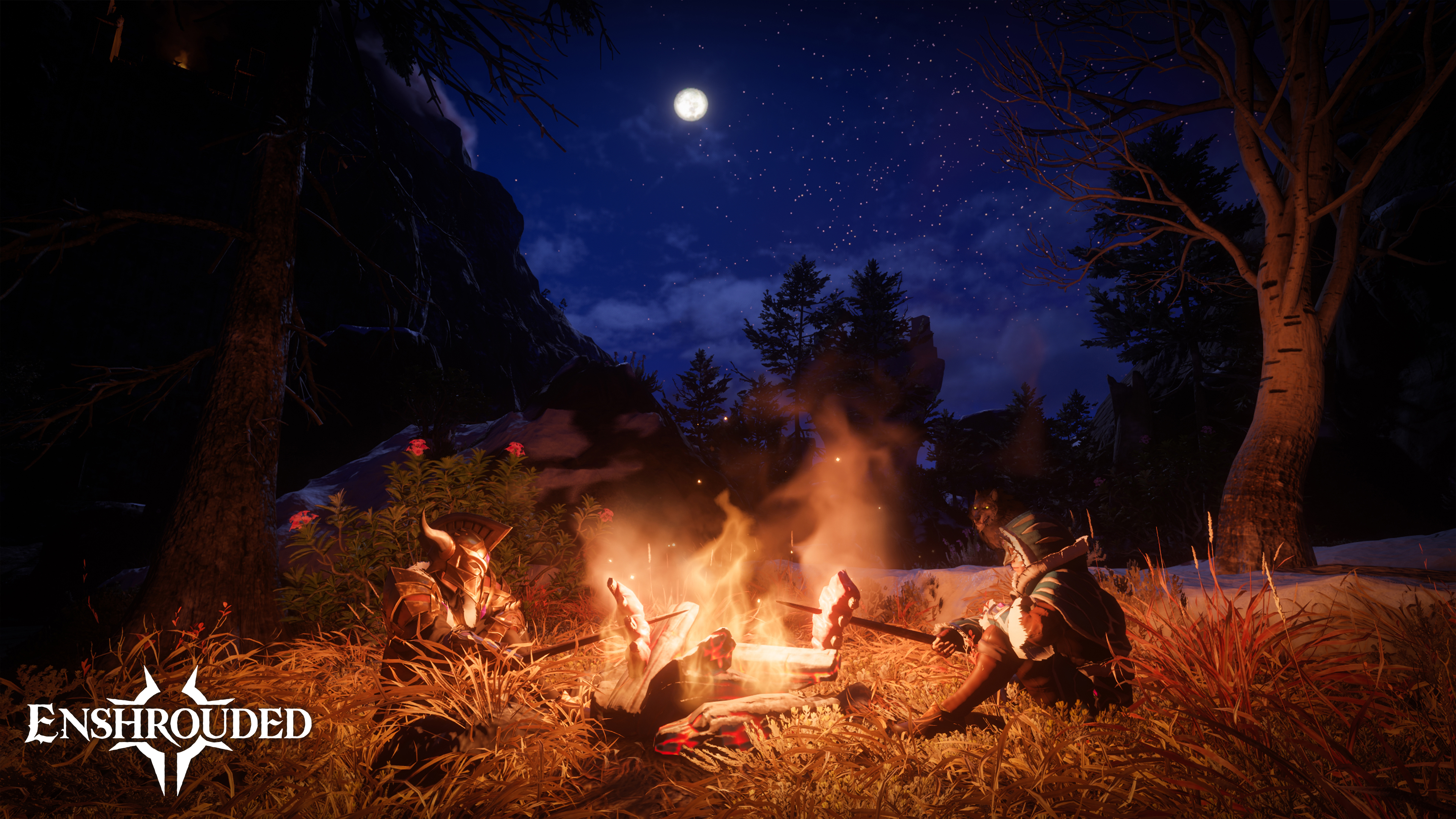 Two armored figures sit beside a campfire among trees beneath a dark sky.