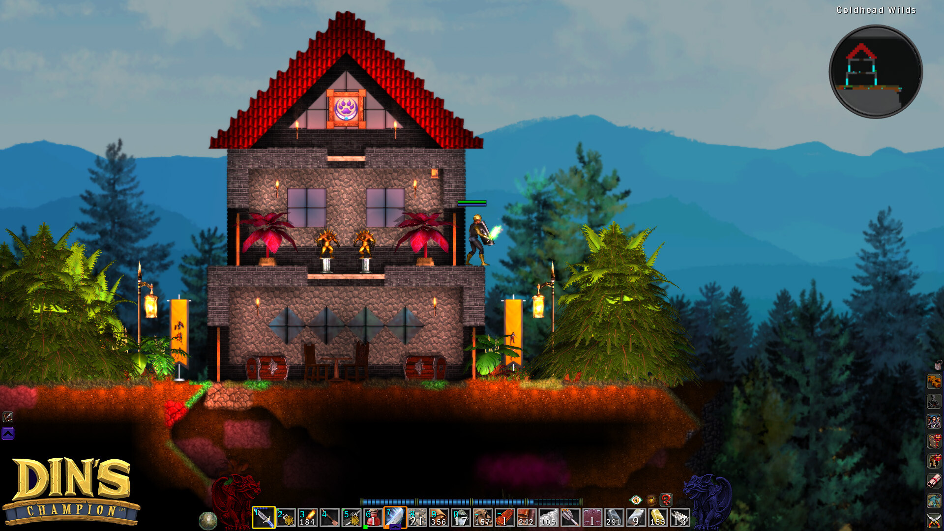 Official Din's Champion screenshot showing a player character standing outside a multi-story house with town-building elements and a full action bar UI.