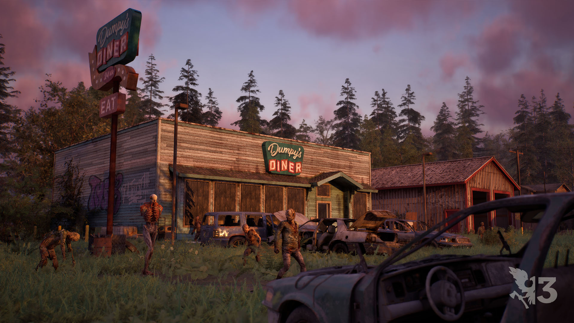 Official Xbox Wire screenshot from State of Decay 3 showing a survivor aiming from cover while the environment burns around them.