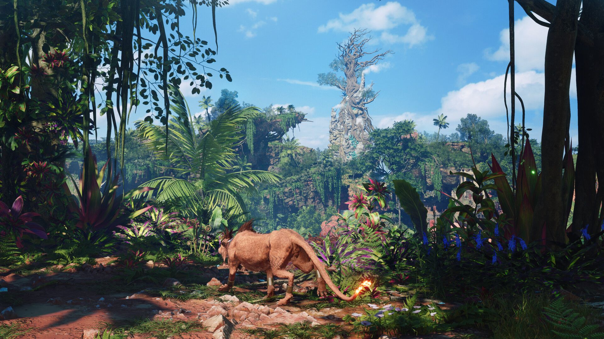 Official Final Fantasy VII Revelation screenshot showing a character attacking a large monster in a lush environment.