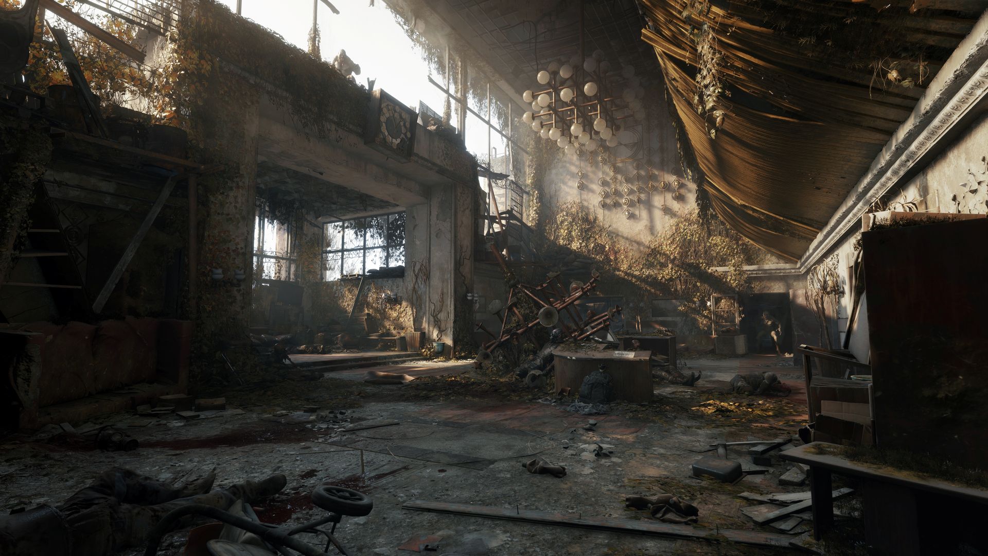 Official Xbox Wire Metro 2039 screenshot showing a tense interior space in a ruined Berlin hotel.