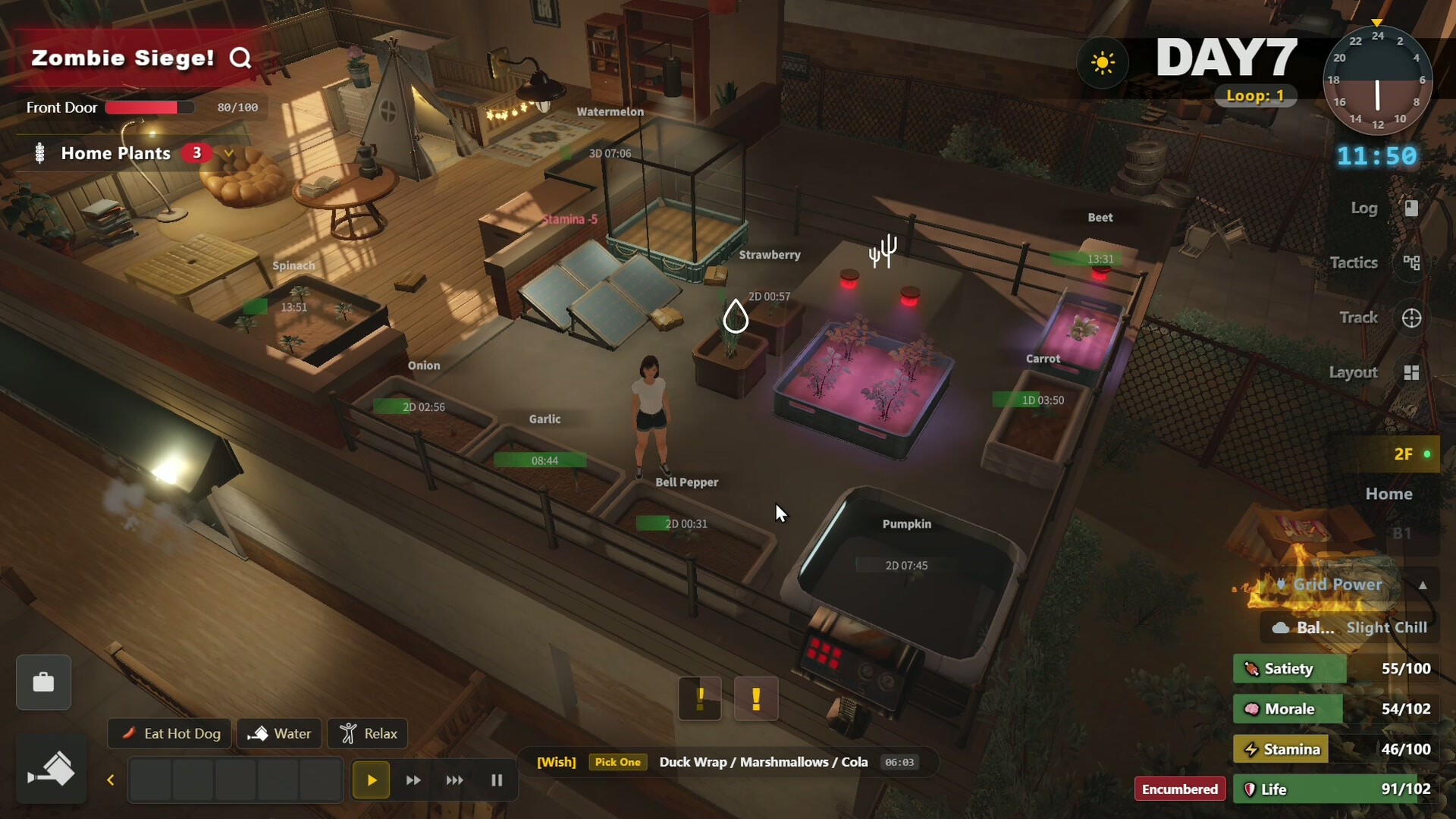 Official Survival Log screenshot showing the player's shelter and management interface.