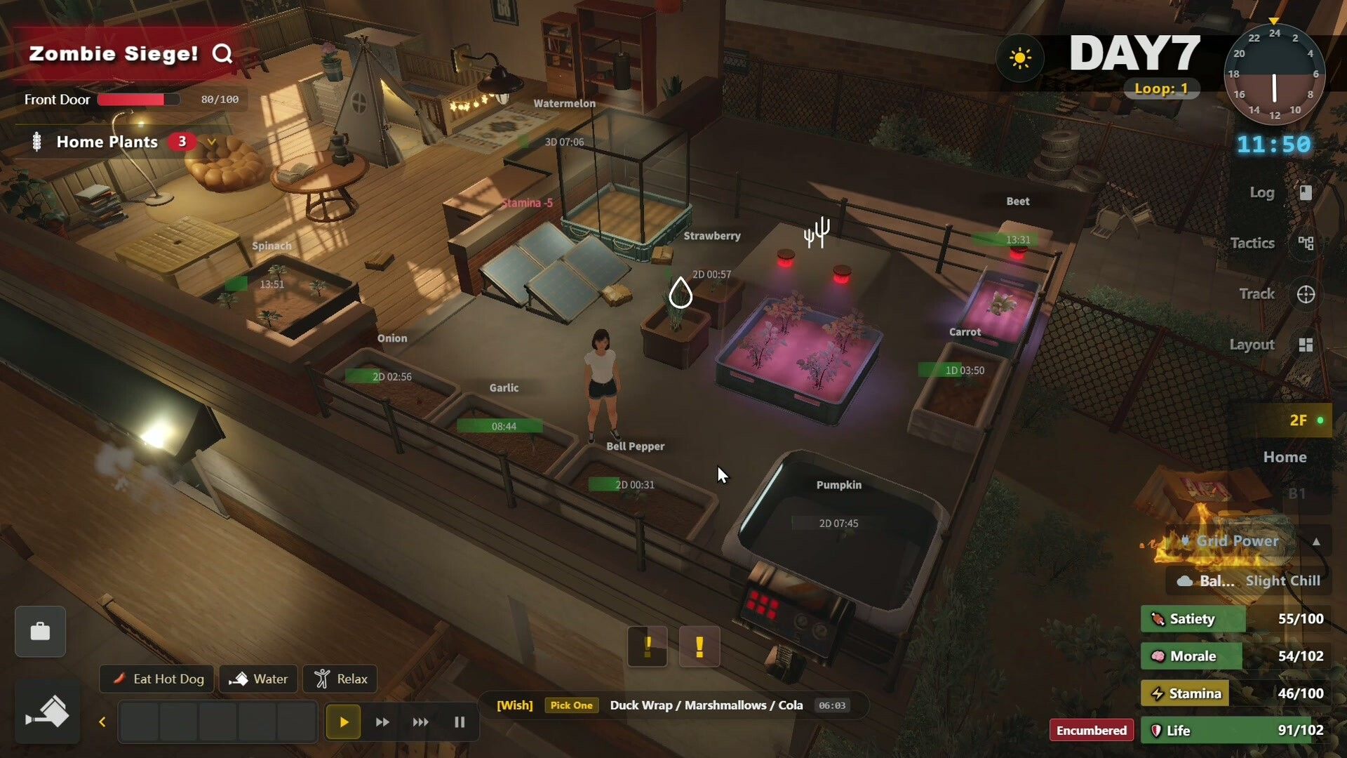 Official Survival Log screenshot showing the player's shelter and management interface.