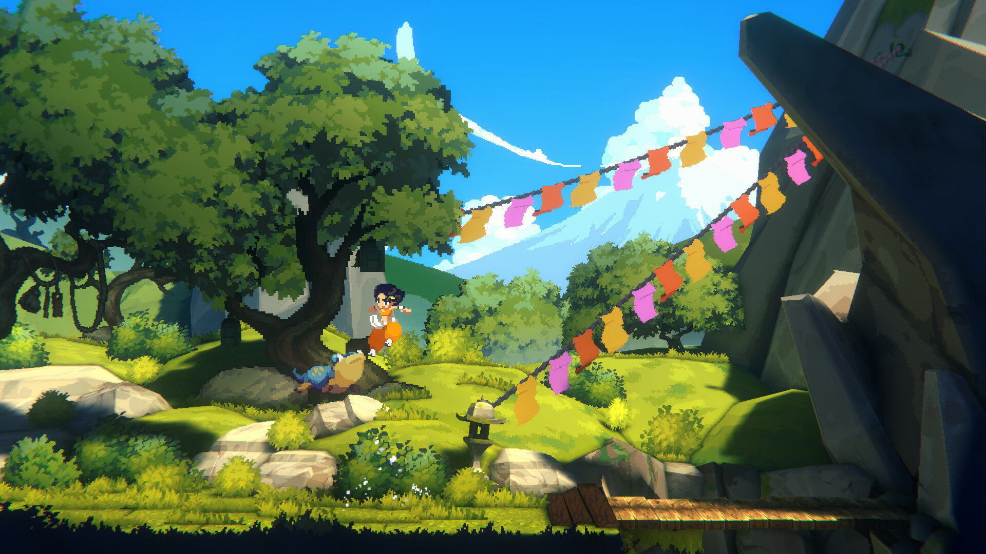 Official Akatori screenshot showing the player fighting enemies in a colorful 2D action-platforming scene.