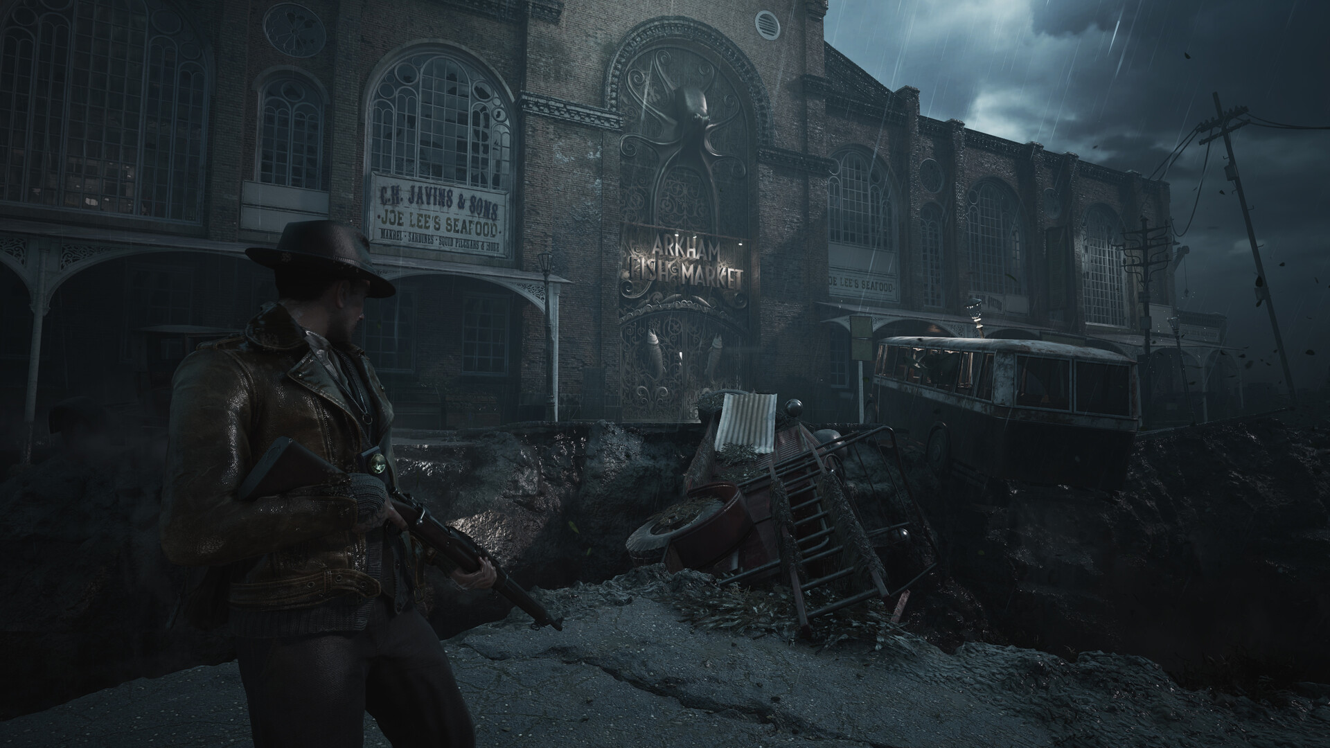 Official The Sinking City 2 screenshot showing a dark interior environment and combat-ready character from the Steam page.