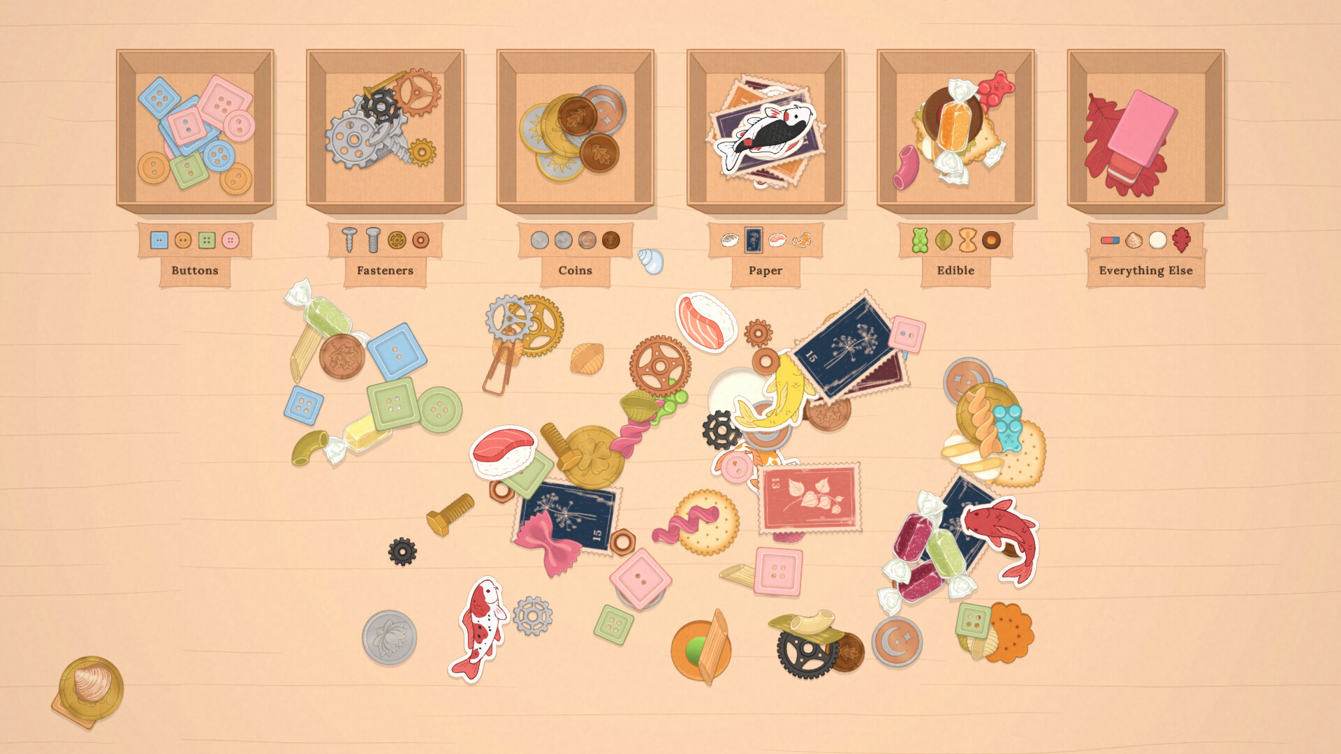 Official The Sorting Bureau screenshot showing a different sorting layout with boxes, labels, and detailed objects on the desk.
