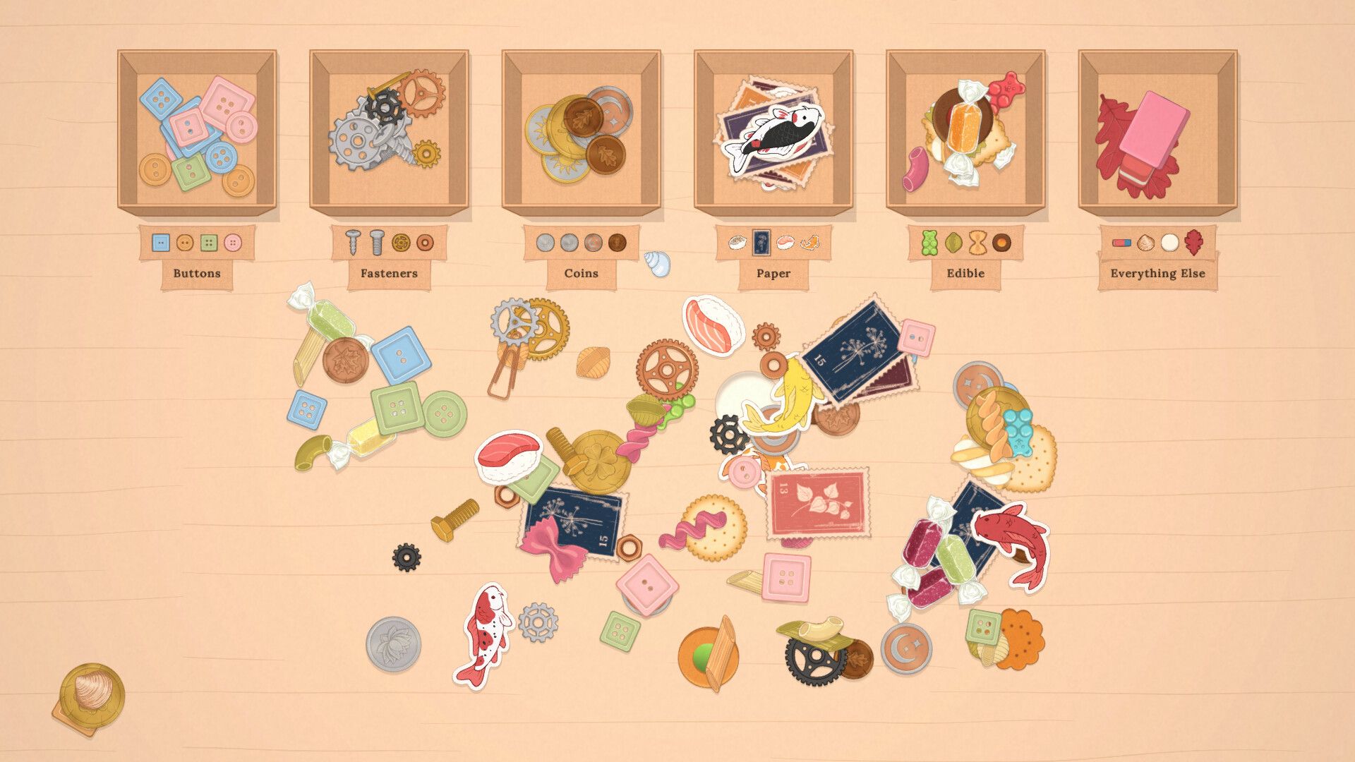 Official The Sorting Bureau screenshot showing a different sorting layout with boxes, labels, and detailed objects on the desk.