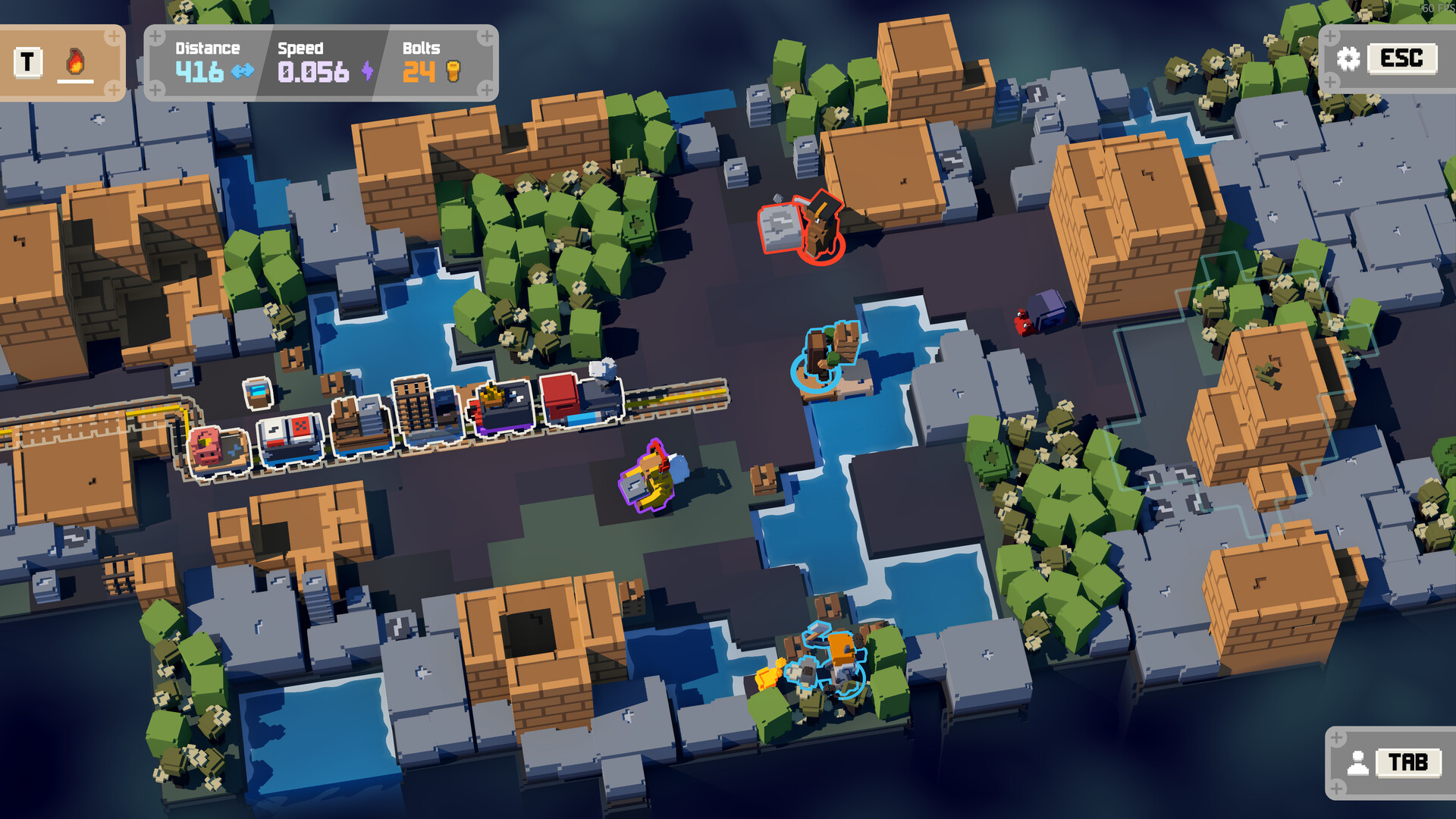 Official Unrailed 2 Steam screenshot showing the train crossing a new biome while players manage track placement and hazards.