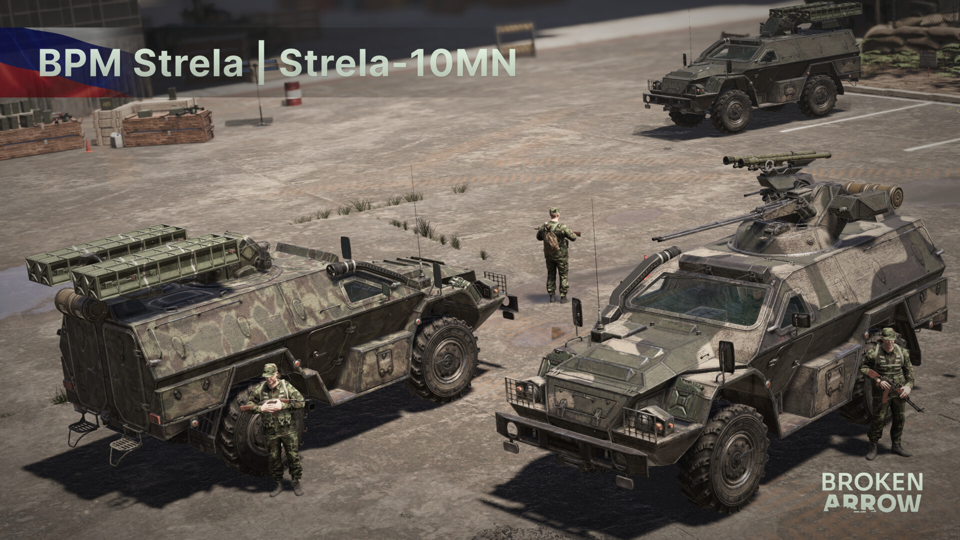 Official Broken Arrow: Russian Guard screenshot showing tanks and support units moving through a combat map.