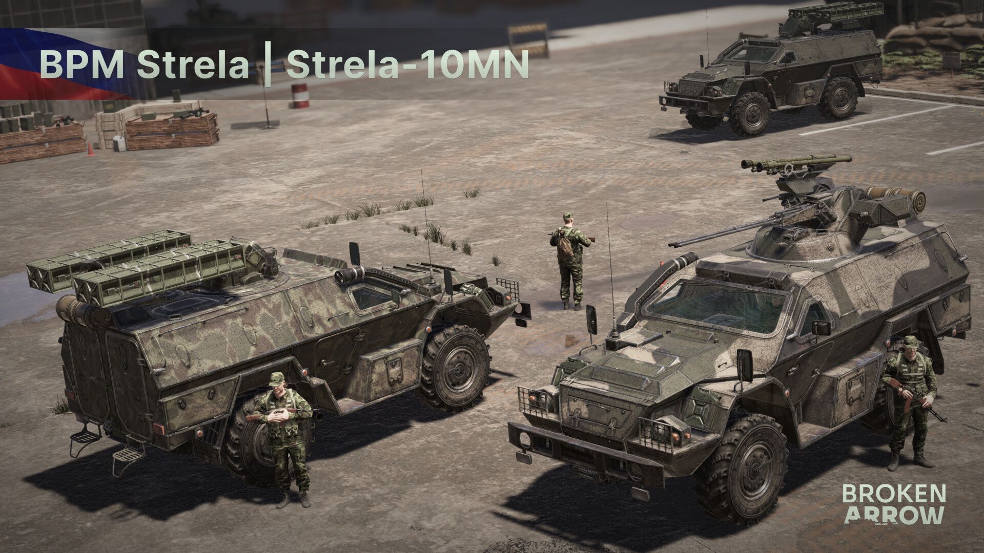 Official Broken Arrow: Russian Guard screenshot showing tanks and support units moving through a combat map.