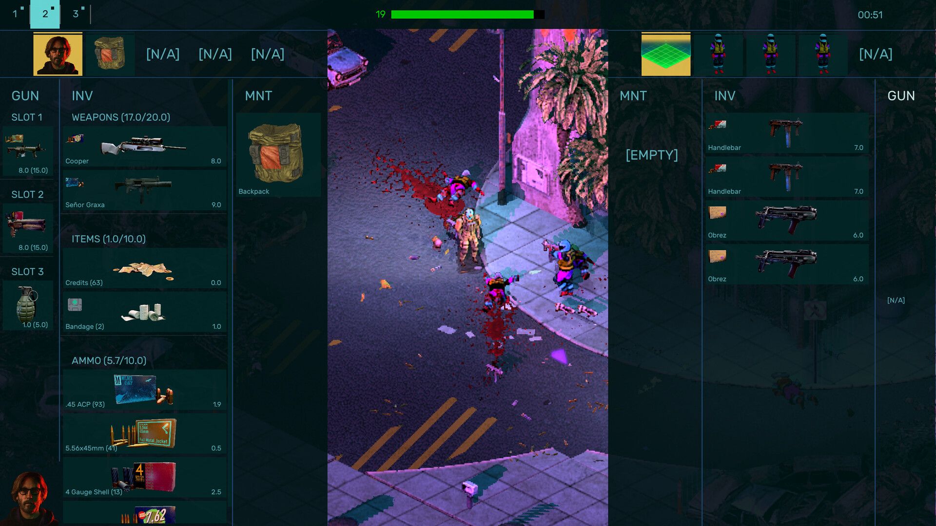 Official Brigador Killers screenshot showing a firefight in a city street with heavy neon lighting and multiple combat units.