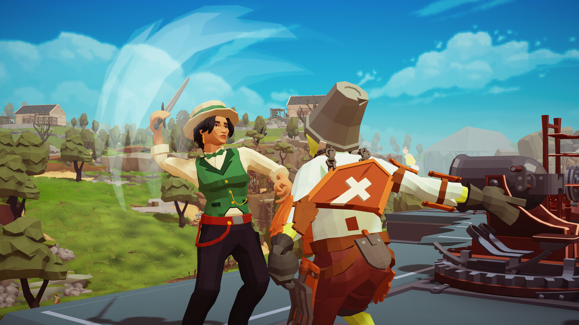 Official Survival Machine Steam screenshot showing the rolling machine crossing a biome while players gather resources and defend the route.