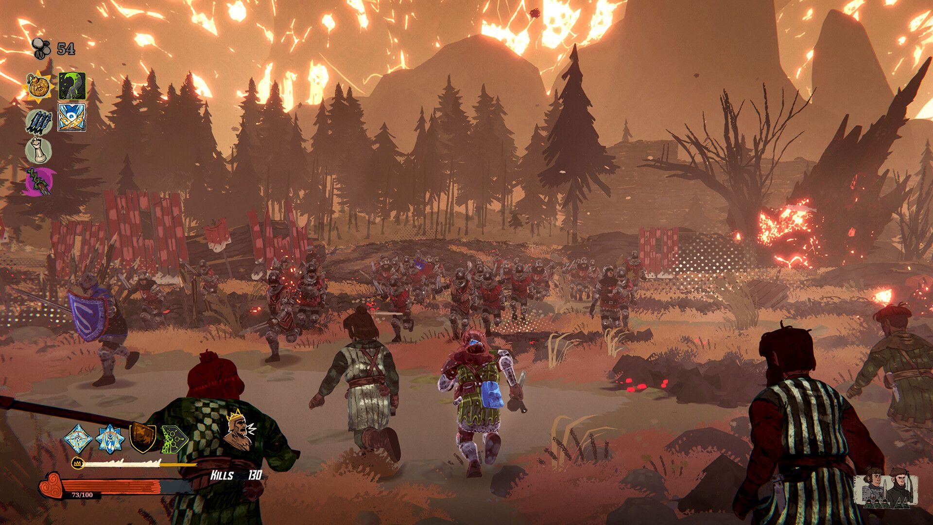Official Tears of Metal screenshot showing a combat sequence near a fortified camp with multiple units, effects, and battlefield clutter.